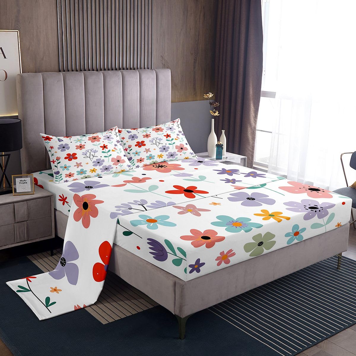 jejeloiu Floral Bed Sheets Sets Queen Size Kids Boys Girls Plant Bedding Set Farmhouse Garden Bed Sheet Set with 16-Inch Deep Pockets Cute 4Pcs with 2 Pillow Cases Red Blue