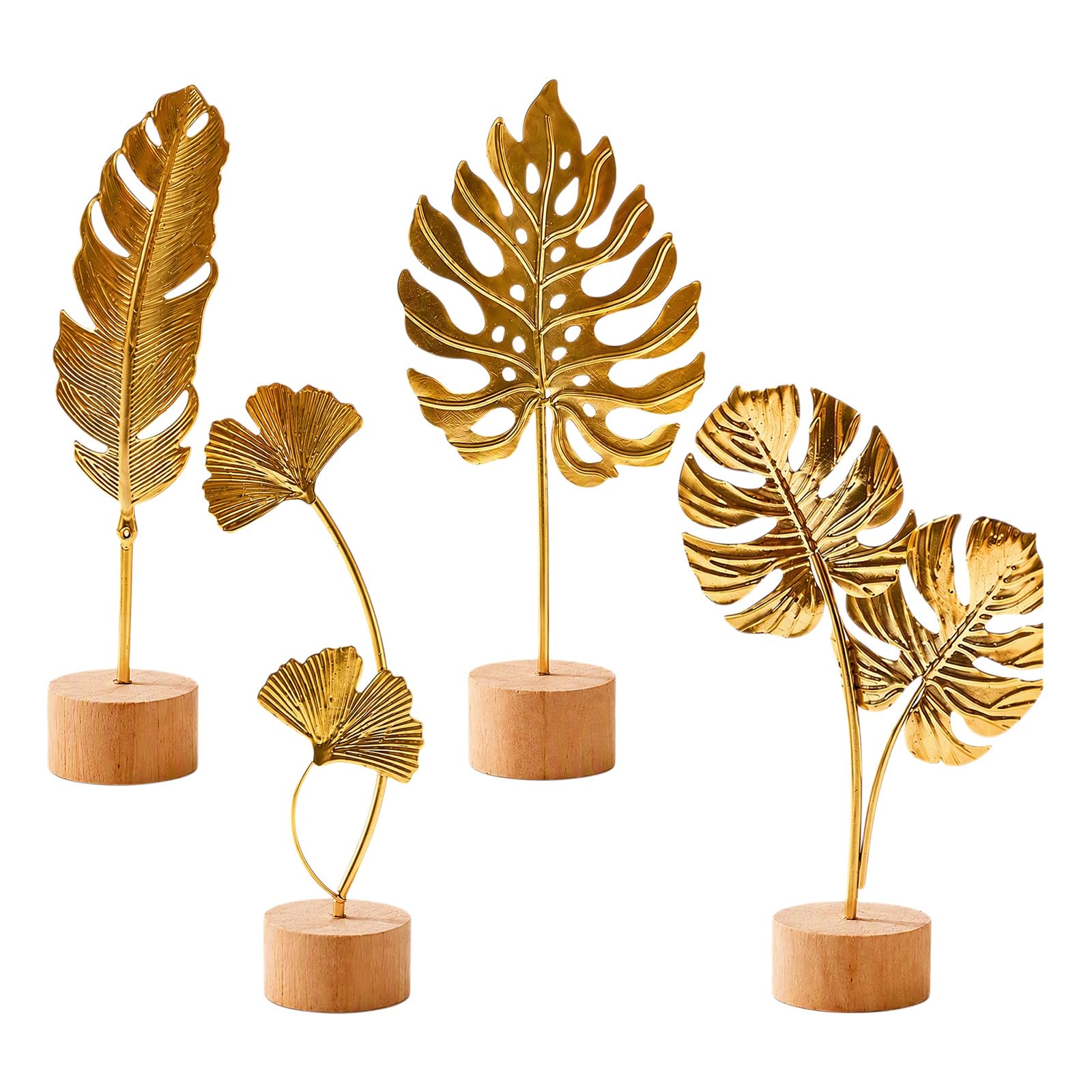 4 Pcs Gold Leaf Sculptures Set, Metal Leaf Ornaments with Wooden Base
