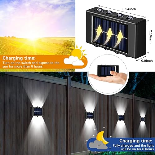 Miniatura 2 de Paquete de 8 luces solares de pared para exteriores, 6000 K, luces solares frías de valla hacia arriba y hacia abajo, lámparas LED decorativas