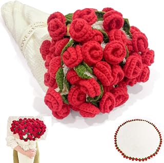 43'' Crochet Flowers Bouquet Blanket, Handmade Knitted Throw Blanket, Bed Sofa Home Decor, Birthday Anniversary Wedding Christmas Valentines Day Gifts for Women (Red)