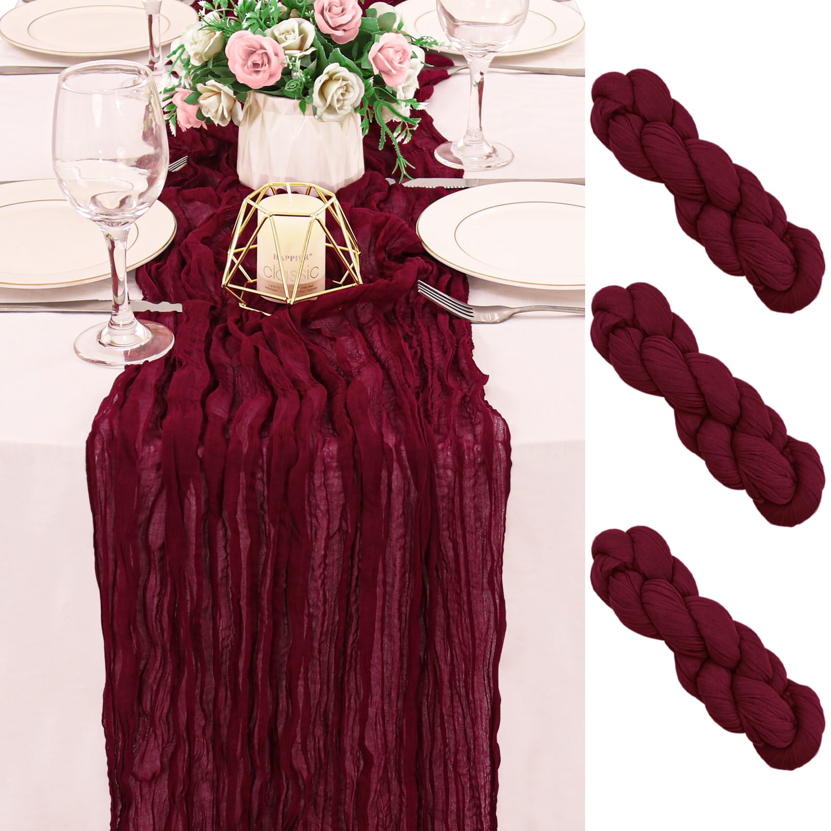 Photo 1 of 2 Pack 120 Inch Burgundy Cheesecloth Table Runner Boho Rustic Gauze Sheer Romantic 10 FT Long Cheese Cloth Table Runner for Bridal Baby Shower Wedding Party Birthday Holiday Home Easter Decor