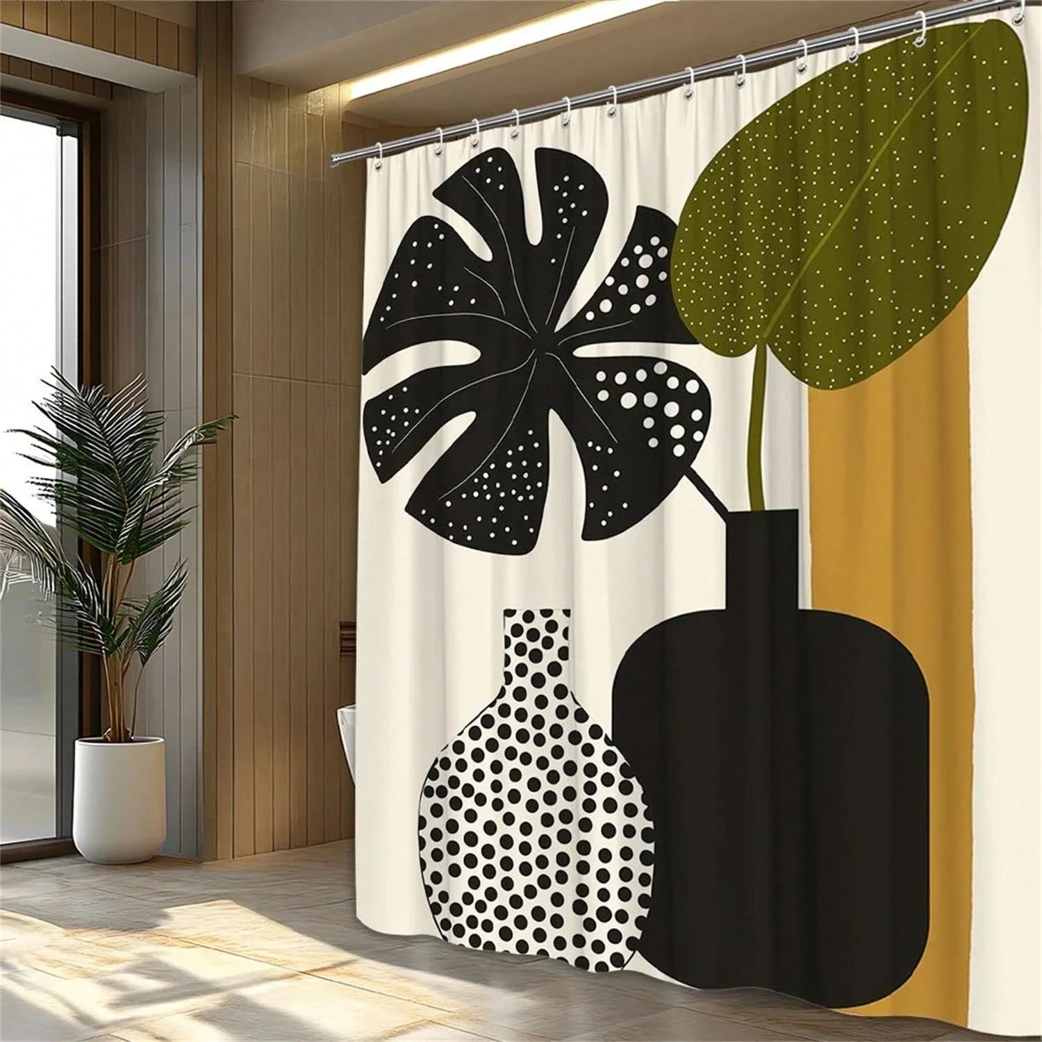 Zasłona prysznicowa z liśćmi monstery minimalistyczna sztuka geometryczna czarne wazony i kropki wzory na beżowym tle, nowoczesny design (180 x 220 cm/wodoodporny)