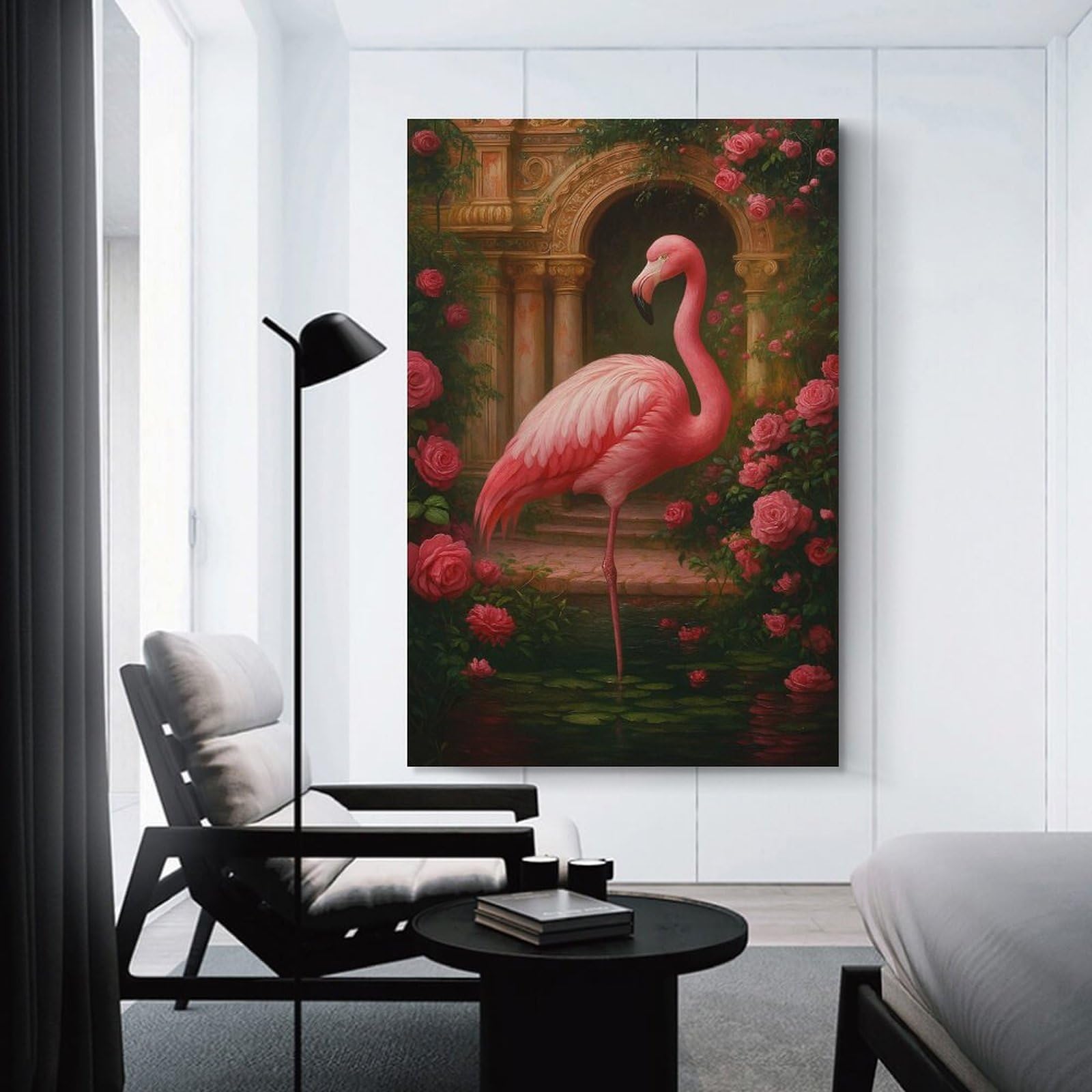 Junmoney Flamingo in Rose Garden Painting Hanging Wall Art 24x36inch(60x90cm), for New Homes, Bedrooms Or Workspaces, Thoughtful Wall Decor for Art Lovers
