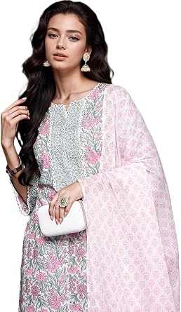 DREAMANGEL FASHION Womens Cotton Ethnic Wear Printed Straight Kurta Set with Pants & Dupatta