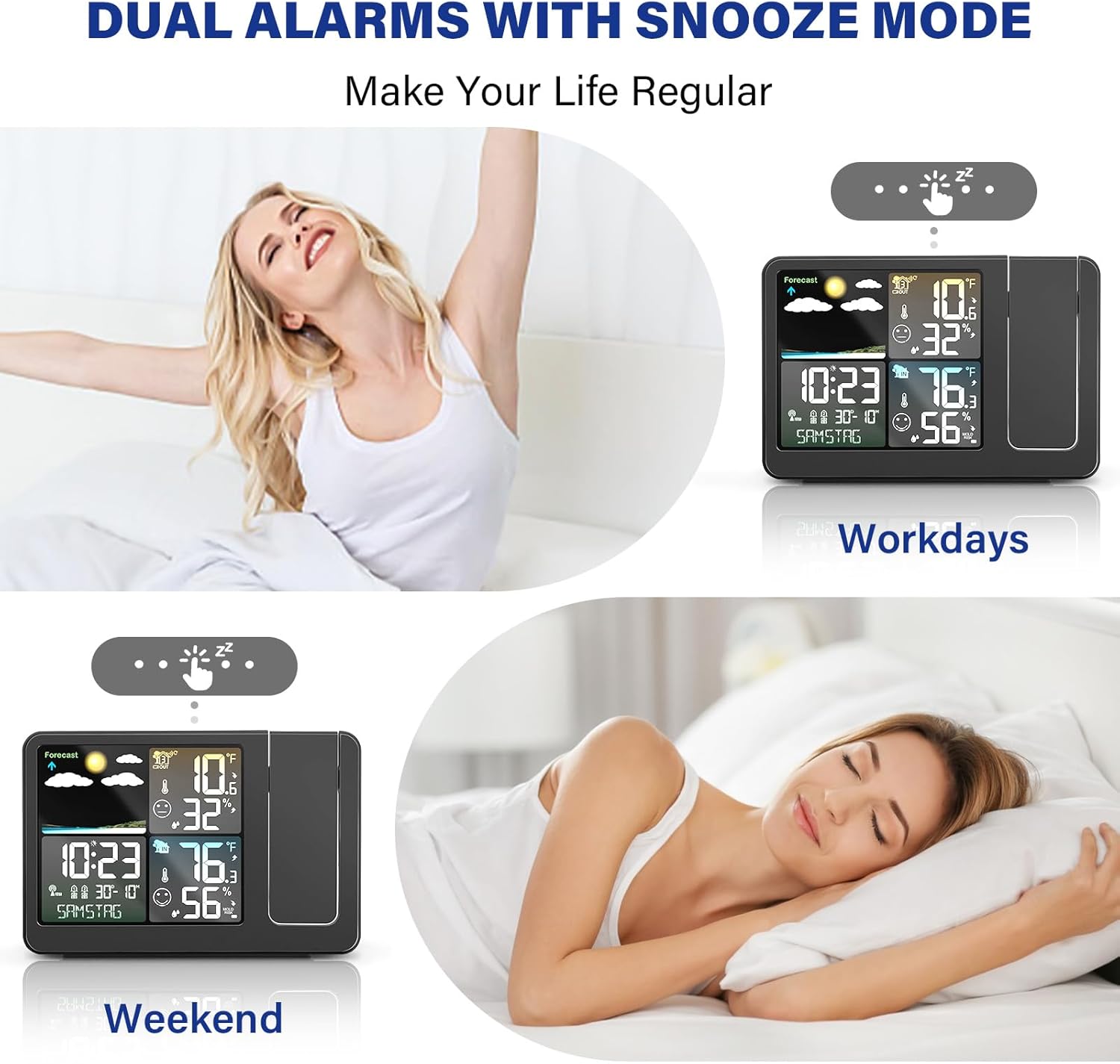 Dual alarm clock with snooze mode for weekdays and weekends