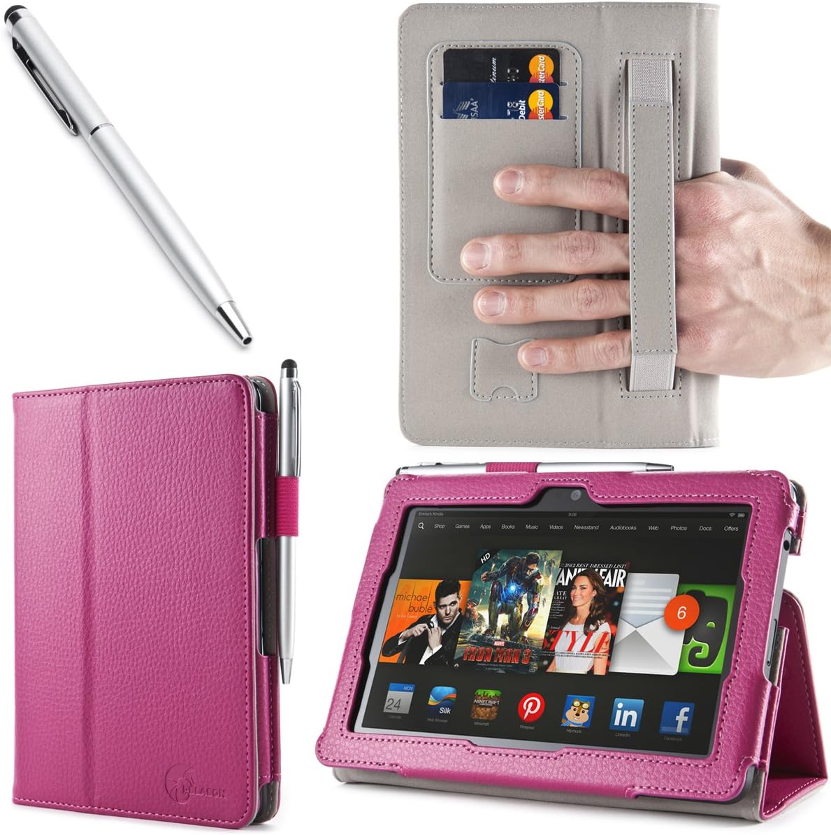 i-BLASON Kindle Fire HDX 8.9 inch Tablet Leather Case Cover/Elastic Hand Strap/Stylus/ID Holder (Not Compatible with Kindle Fire HD 8.9 2012) One Year Warranty (Magenta)