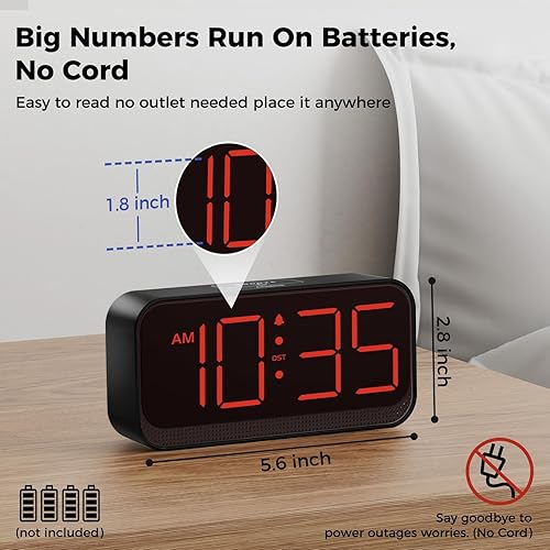 Miniatura 2 de Reloj digital a pilas reloj de alarma pequeño inalámbrico para dormitorio, viaje - números grandes, 4 atenuadores para todas las edades, dígitos