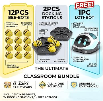 See & Say Bee-Bot Classroom 12-Pack with 2 Docking Stations and Free Loti-Bot STEAM Unit - Complete K-5 Coding Lab for Elementary STEM, CSTA Computer Science, Block-Based Programming