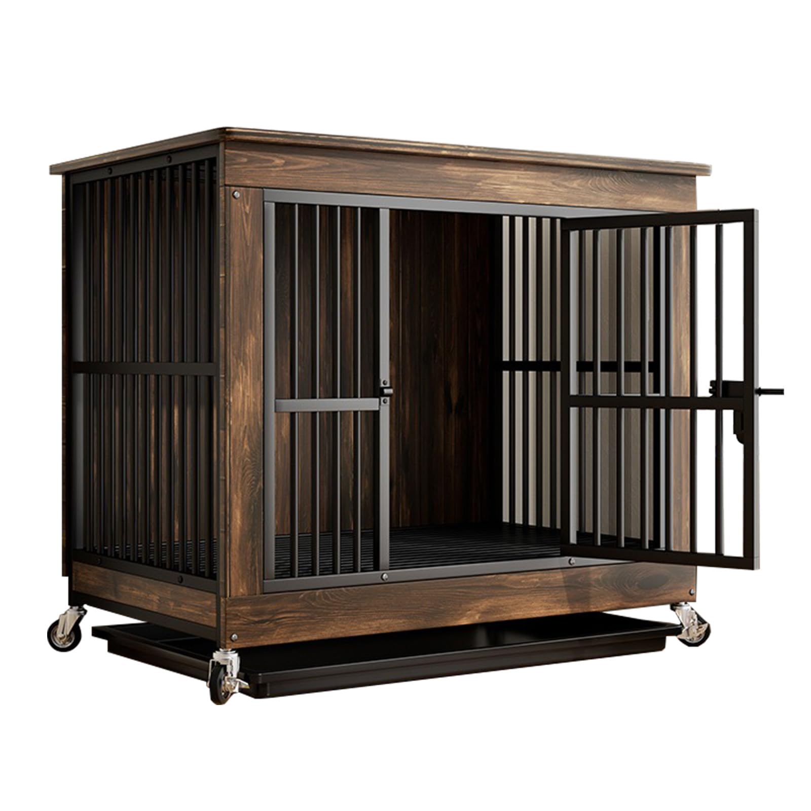 Jaula de Madera para Perros con Ruedas, 80x52x77 cm, Diseño Tipo Mueble, con Bandeja Extraíble y Techo Resistente, Marrón (Marrón, S)