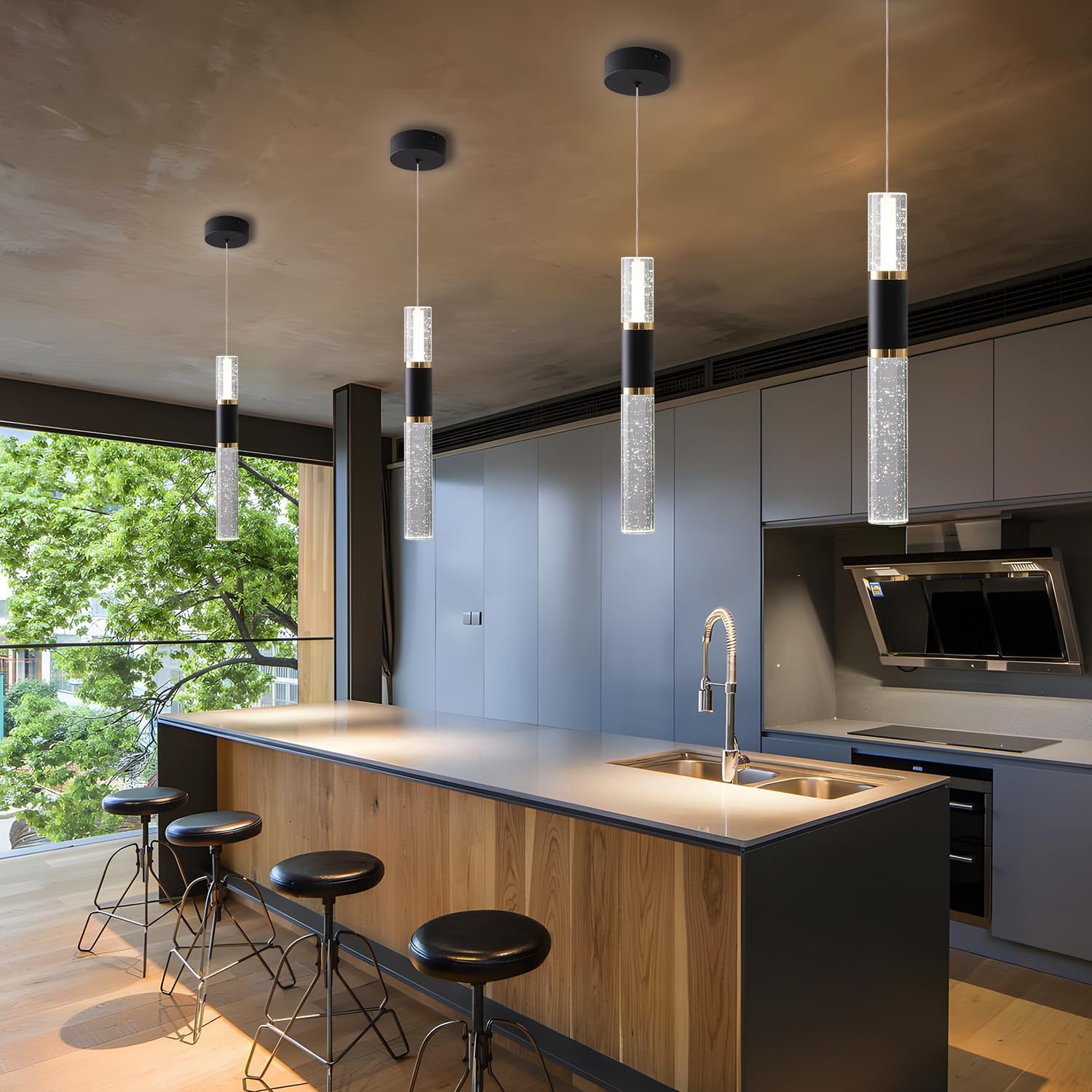 Modern Pendant Light Fixture, Black and Gold Kitchen Island Lighting for Dining Room Light Fixture Luxury Modern Led Pendant Light for Kitchen Island with Bubble Crystal Over Table