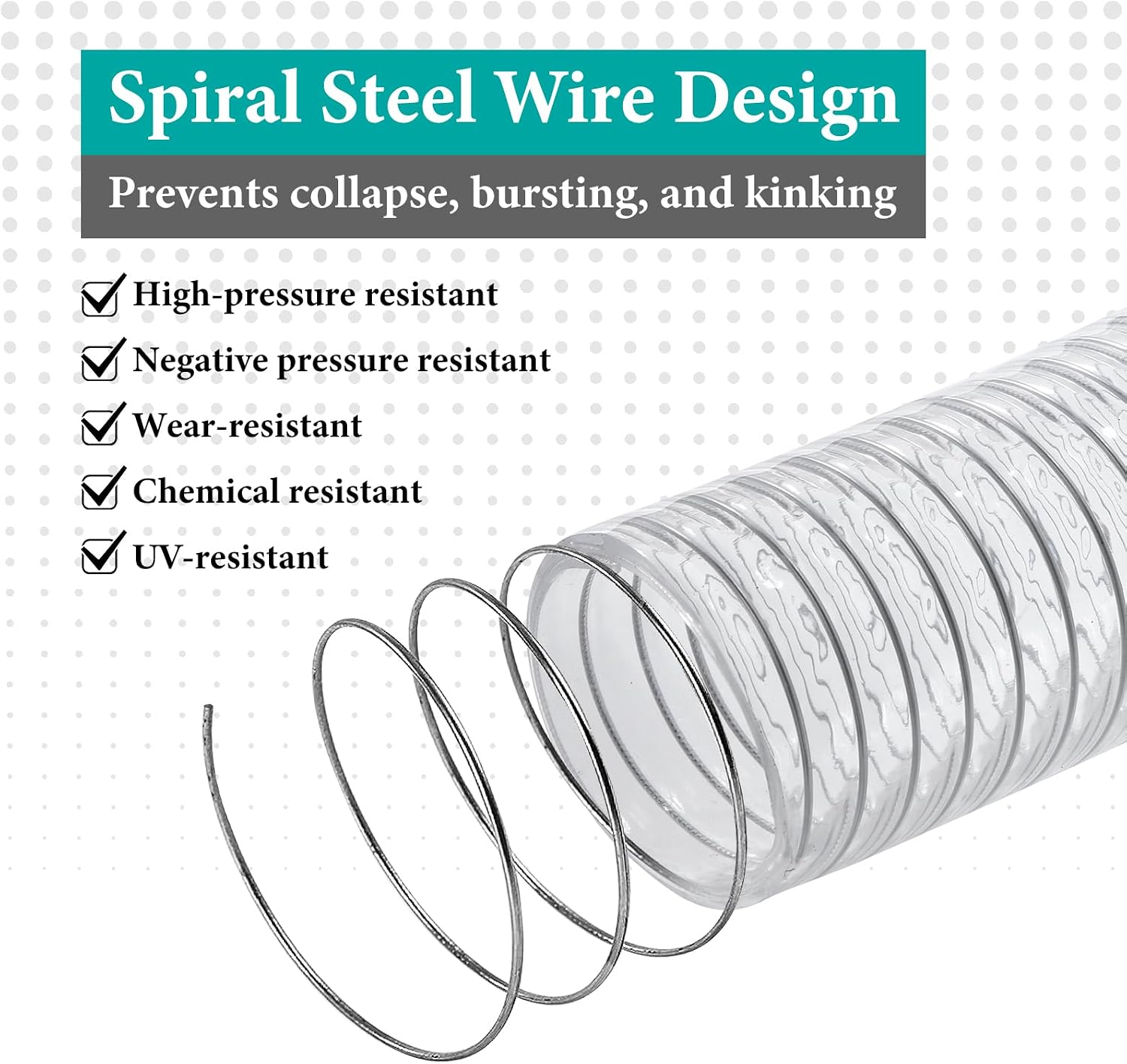Flexible Hose 50Ft 1/2" id x 3/4"od Clear PVC Spiral Steel Wire Reinforced Vinyl Tubing 1.5 inch Plasti c Vacuum Pipe Flex Suction Hose for Dust Collection Boat Marine Pump, Drain Water Fuels Gas
