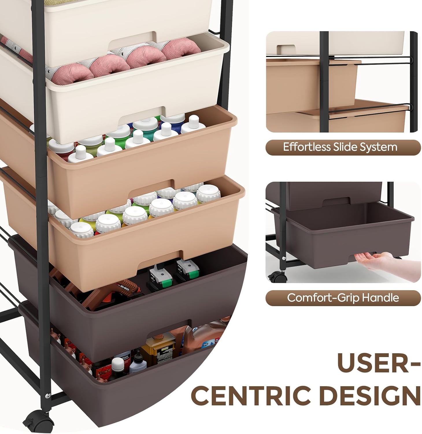 Rolling Storage Cart with 6 Drawers and Wooden Tabletop, Lockable Wheels Utility Cart for Art Studios, Office Supplies & Craft Room Organization (Brown)