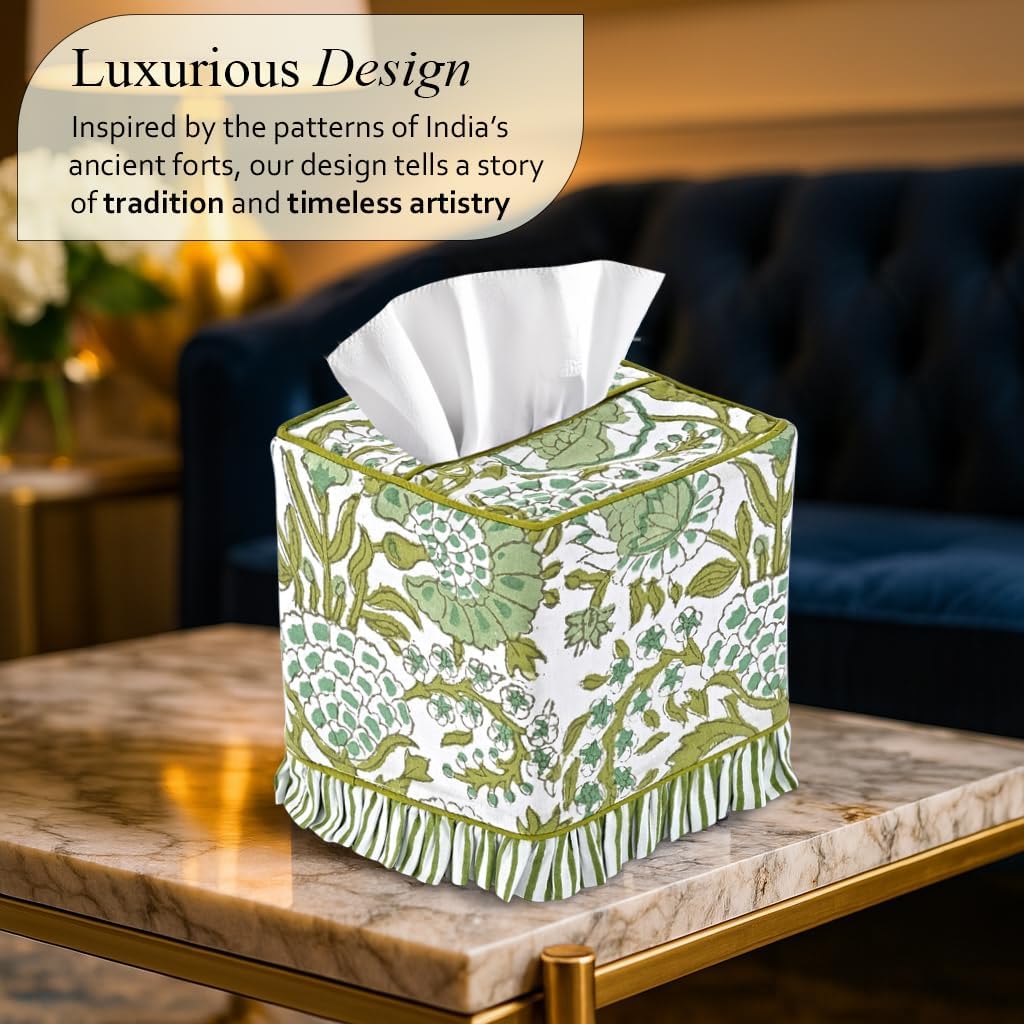CPC Agate Green Hand Block Print Cotton Square Ruffle Tissue Box Cover image 5