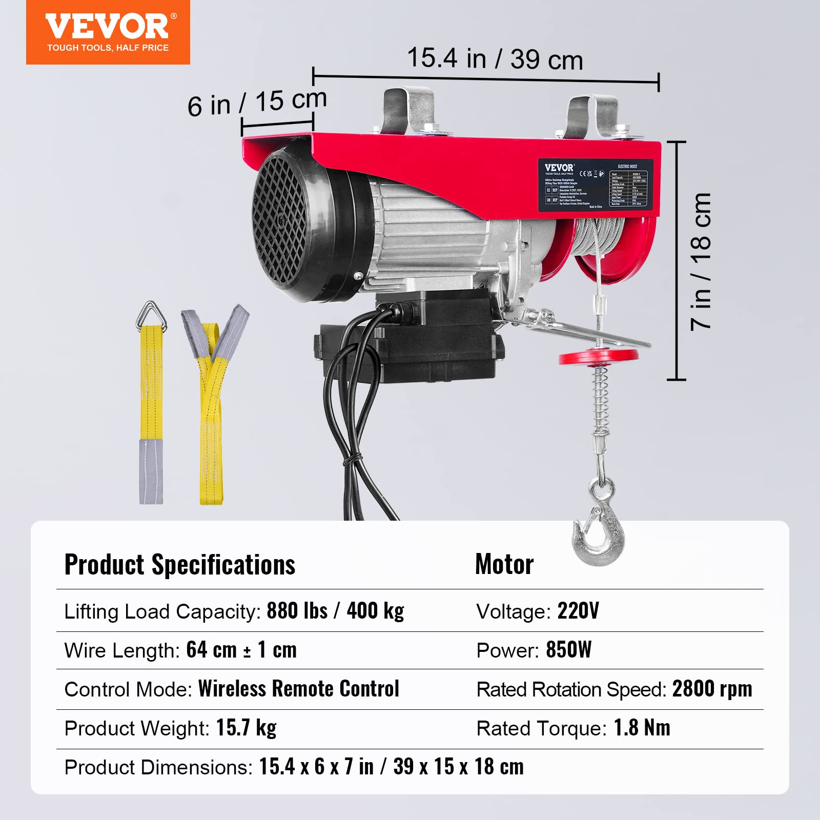 VEVOR Elektryczna wciągarka linowa 200 kg do 400 kg, wysokość podnoszenia 12 m, wciągarka silnikowa 850 W, silnik miedziany, prędkość podnoszenia 10 m/min, z bezprzewodowym pilotem zdalnego sterowania