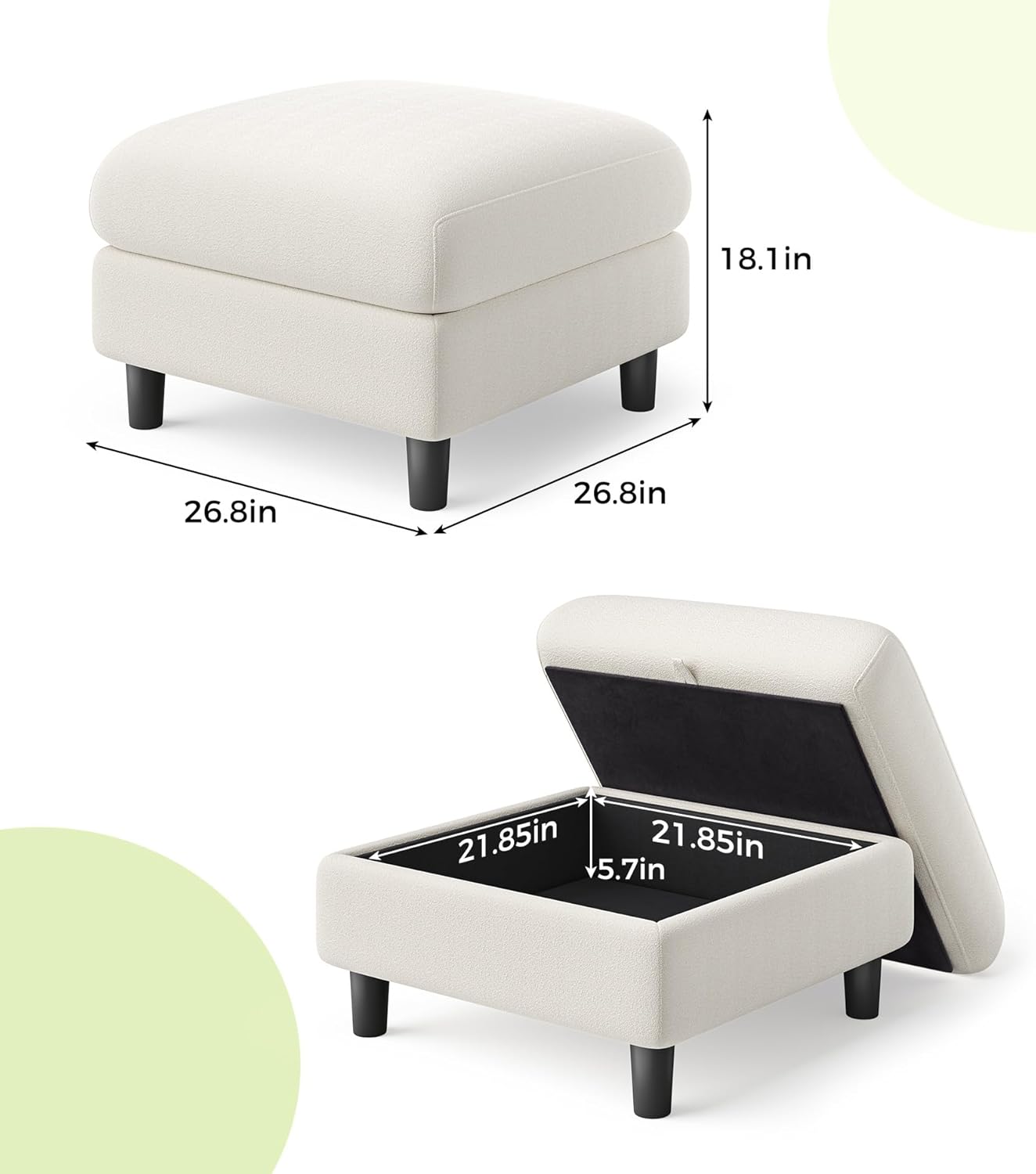 Welzona Teddy Storage Ottoman, 26.7" Large Living Room Ottoman, All-Wood Coffee Table Ottomans with Storage, Tool-Free Setup Ottomans for Living Room, Bench for Bedroom, Beige