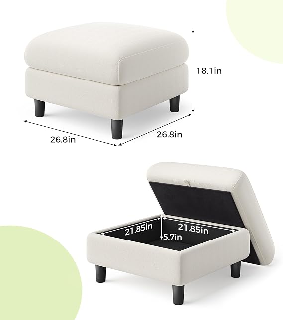Welzona Teddy Storage Ottoman, 26.7 Large Living Room Ottoman, All-Wood Coffee Table Ottomans with Storage, Tool-Free Setup Ottomans for Living Room, Bench for Bedroom, Beige