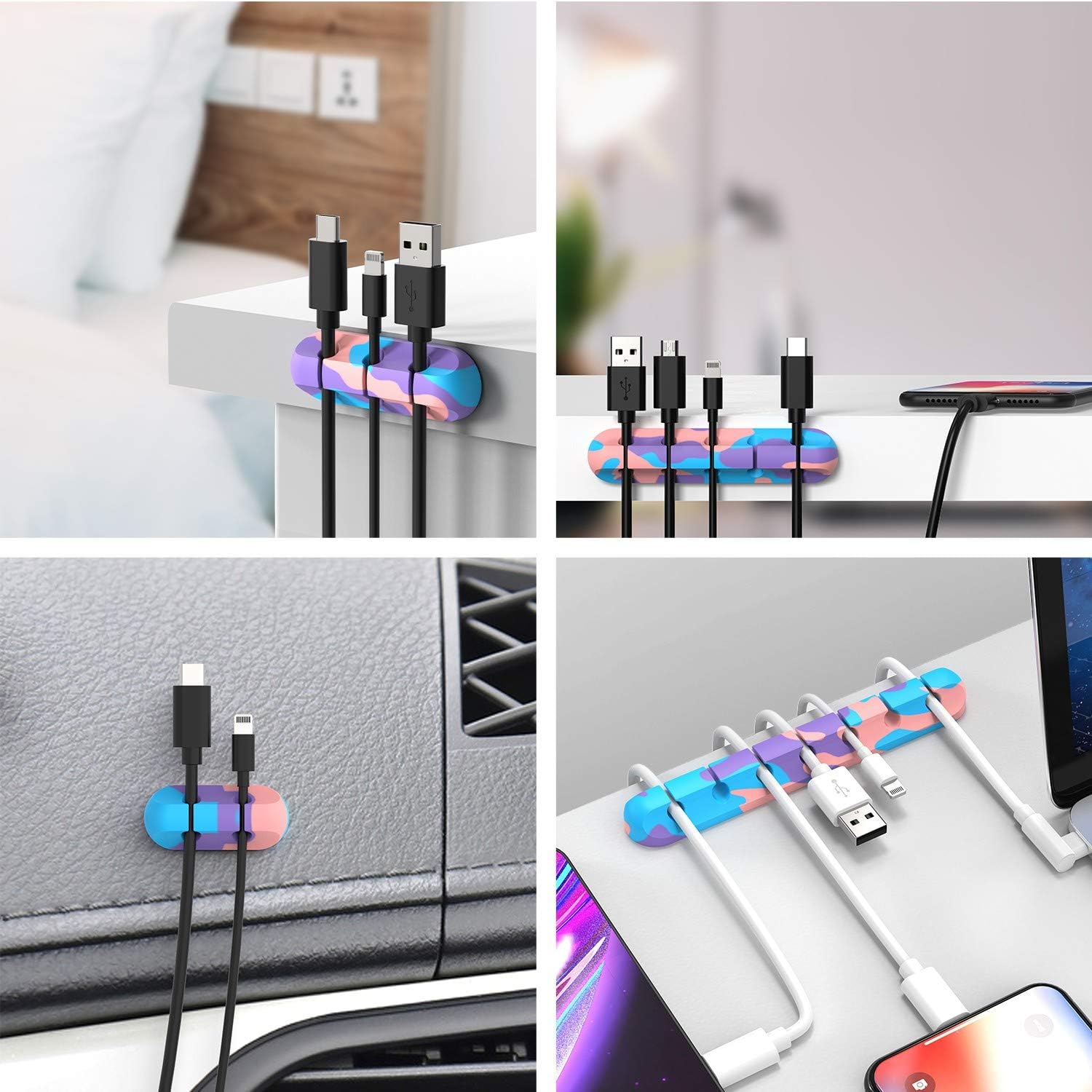 INCHOR Cable Organizer, Cord Organizer Cable Management, Cable Clips USB Cable Holder Wire Organizer Cord Clips,(5, 3 Slots Colourful) Multi