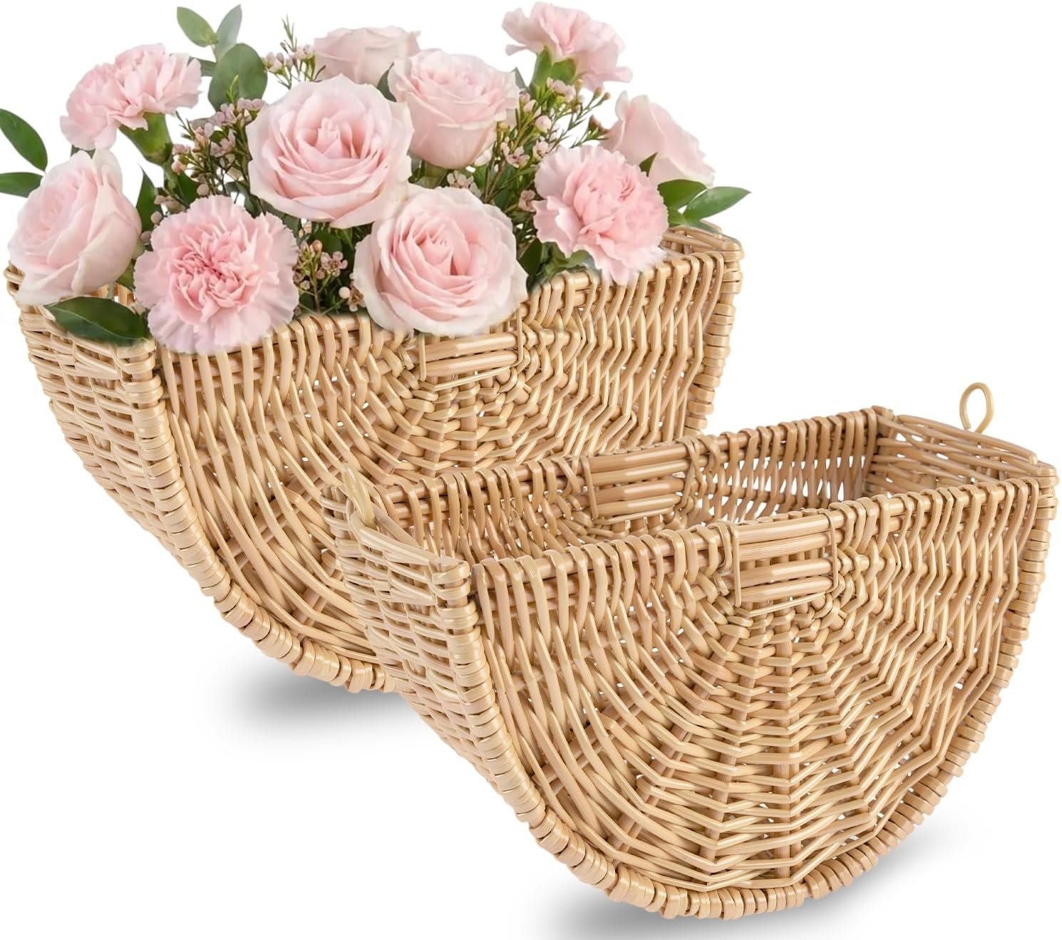 2 Pcs Wicker Flower Girl Basket, Small Half Moon Rattan Flower Basket for Wedding, Picnics, Fruit-picking Trips, Home Decor