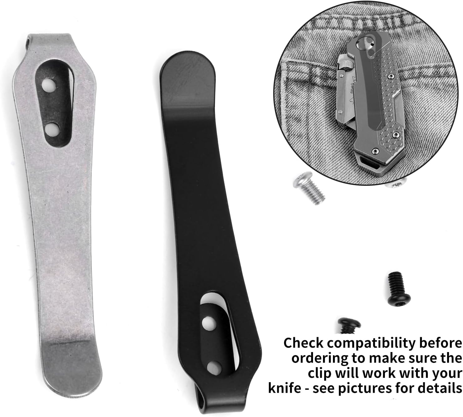 Gosknor 2pcs Stainless Steel Pocket Clip, 2.36 Inch Length Deep Carry Pocket Clip Replacement with Screws Knife Holder Tools Accessories for Men