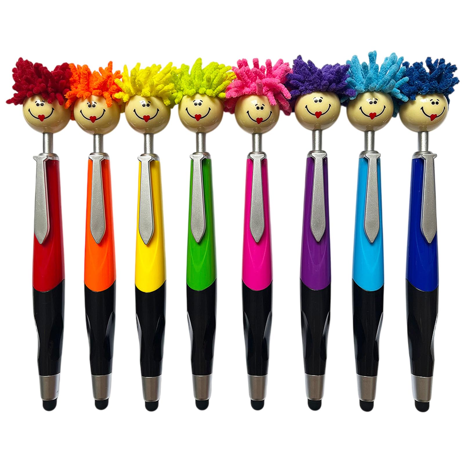 cheshjulv Ballpoint Pens, Mop Head Pens, Novelty Pom Pom Pens, Set of 8 Assorted Colors, Stylus Touch Screen Ballpoint Pens with Smiley Face Toppers (