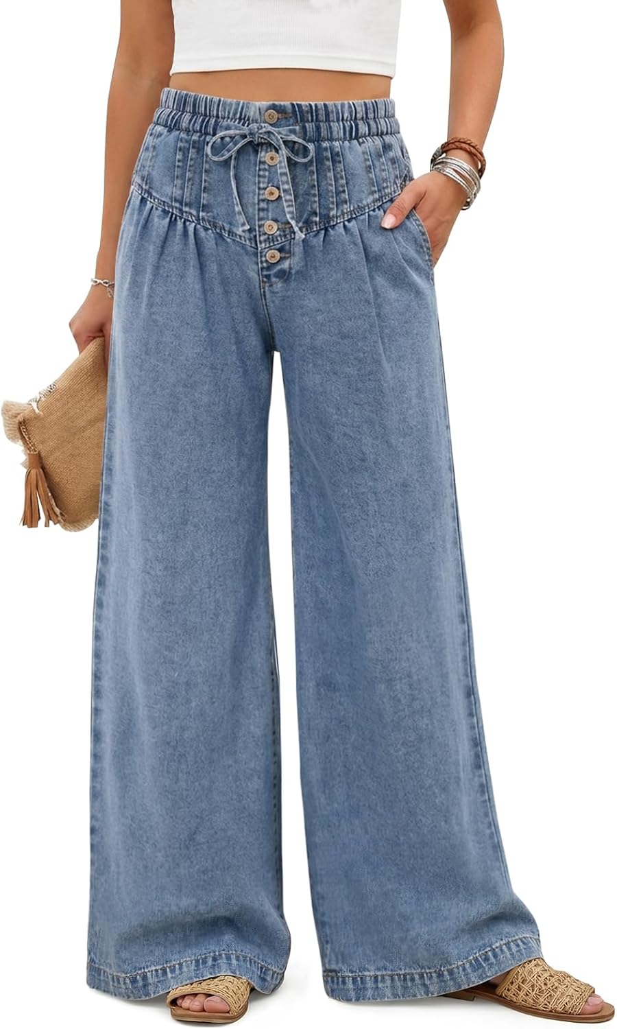 Tankaneo Womens Wide Leg Baggy Jeans Pleated Elastic High Waisted Drawstring Palazzo Denim Pants with Pockets