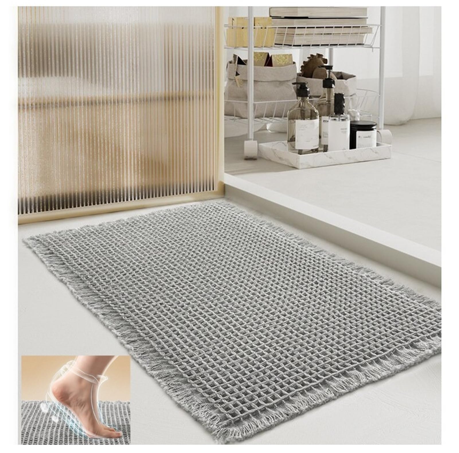 Super Saugfähige Badezimmerteppich Waffel Badematte rutschfest, Badteppich Waschbar Ultraweich und Schnelltrocknend, mit Quasten für Küche Wohnzimmer Schlafzimmer(Beige,61 x 183 cm)
