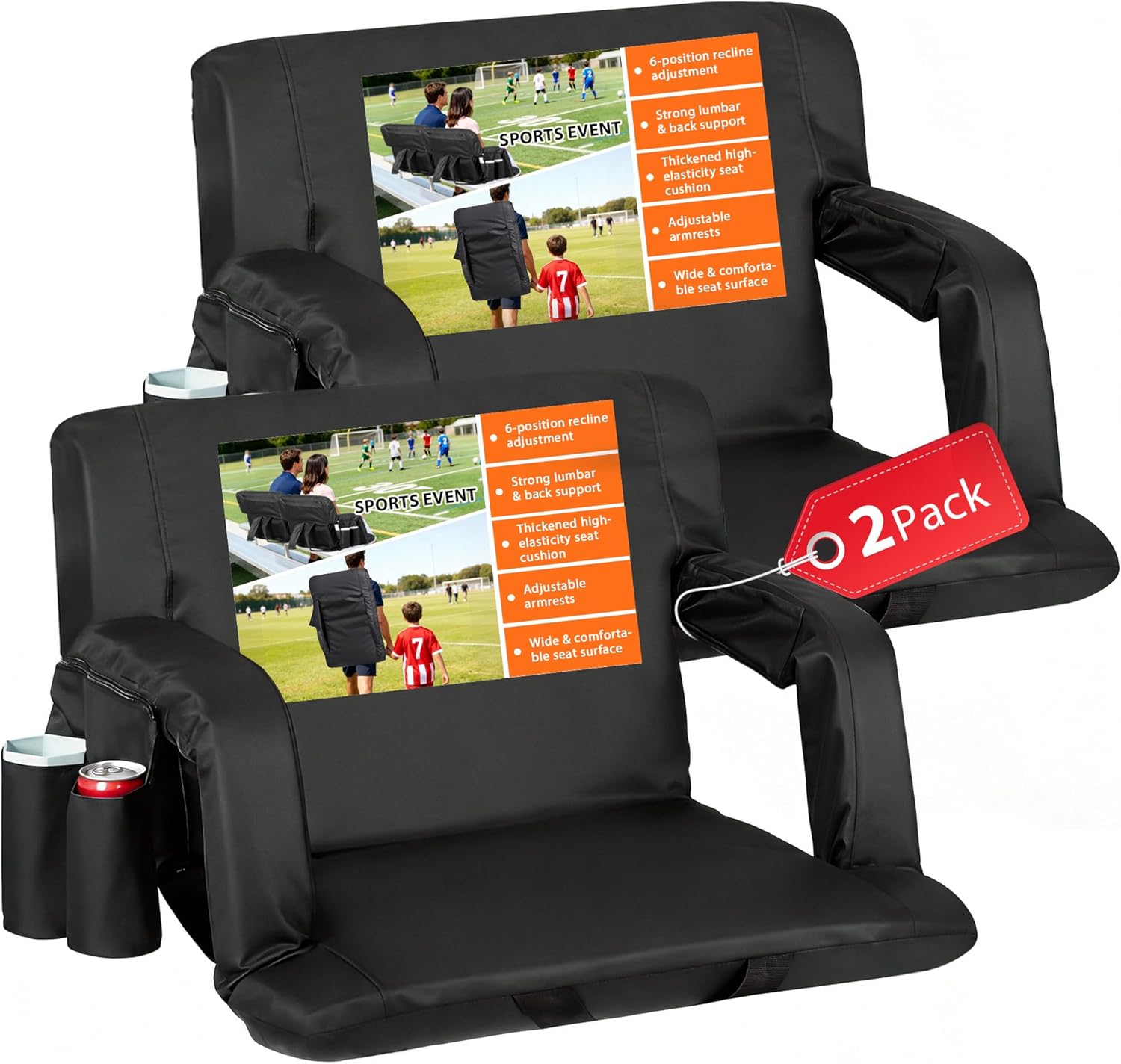 Wide Stadium Seat for Bleachers with Back Support -2 Pack Reclining Adults Camping Stadium Chair Extra Thick Cushion Bleacher Seats Waterproof Black