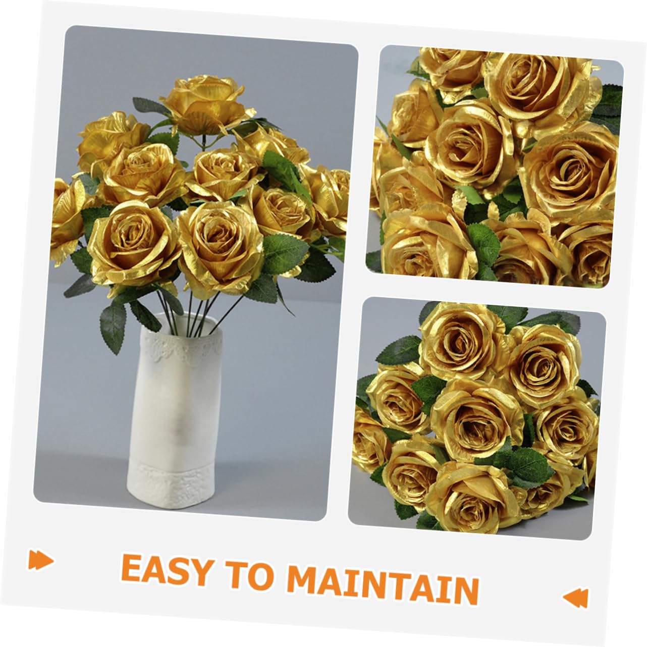 Cabilock Lot De 4 Magnifiques Bouquets De Roses Artificielles Dorées en Soie pour Décoration Dintérieur Salle À Manger Salon Chambre À Coucher