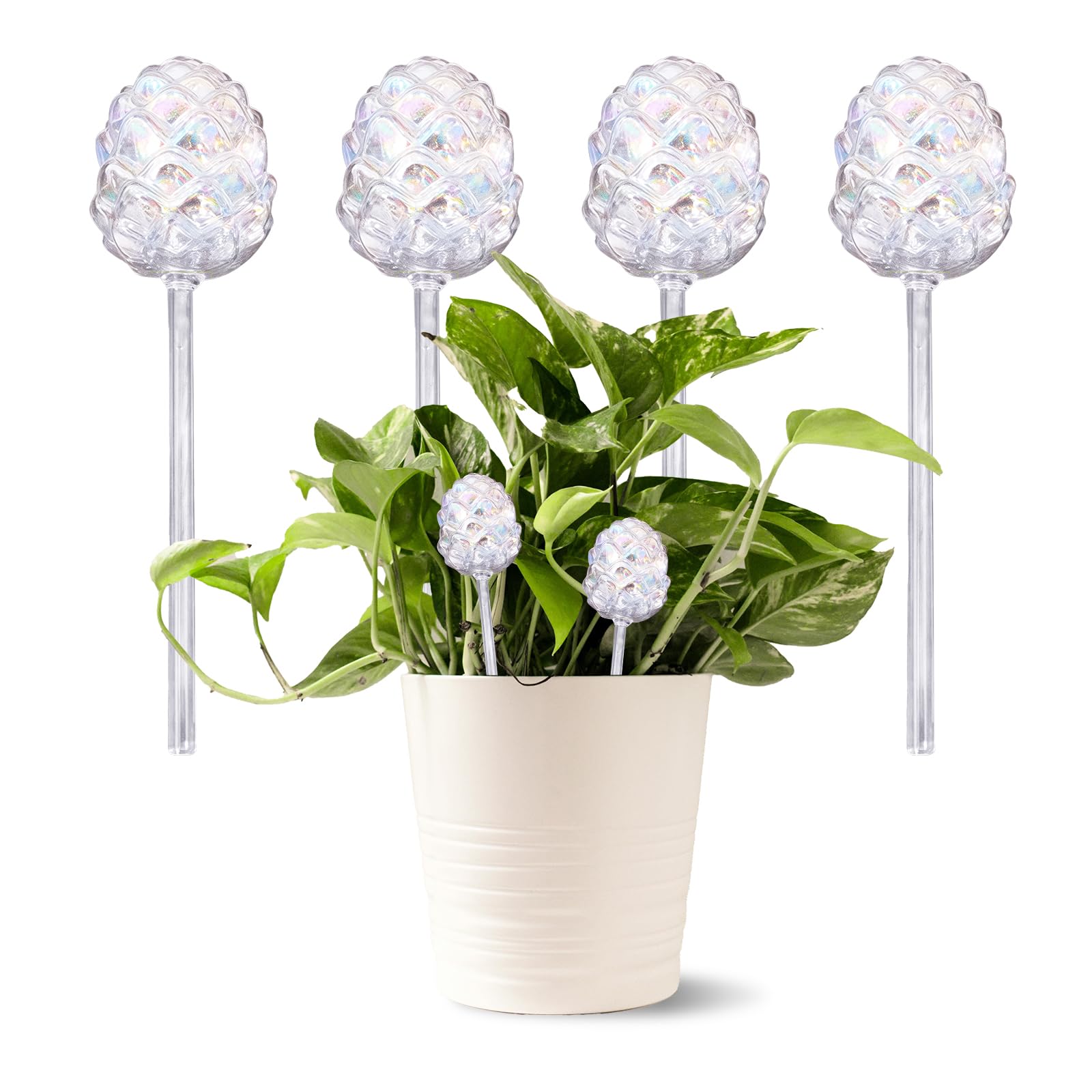 CHSEEO Plant Watering Globes Devices 4 Pcs Pine Cones Iridescent Bulbs, 5-Days Self Watering Spikes for Indoor Outdoor Pots, Small House Plant Irrigation System Drip Feeder, Automatic Glass Waterer