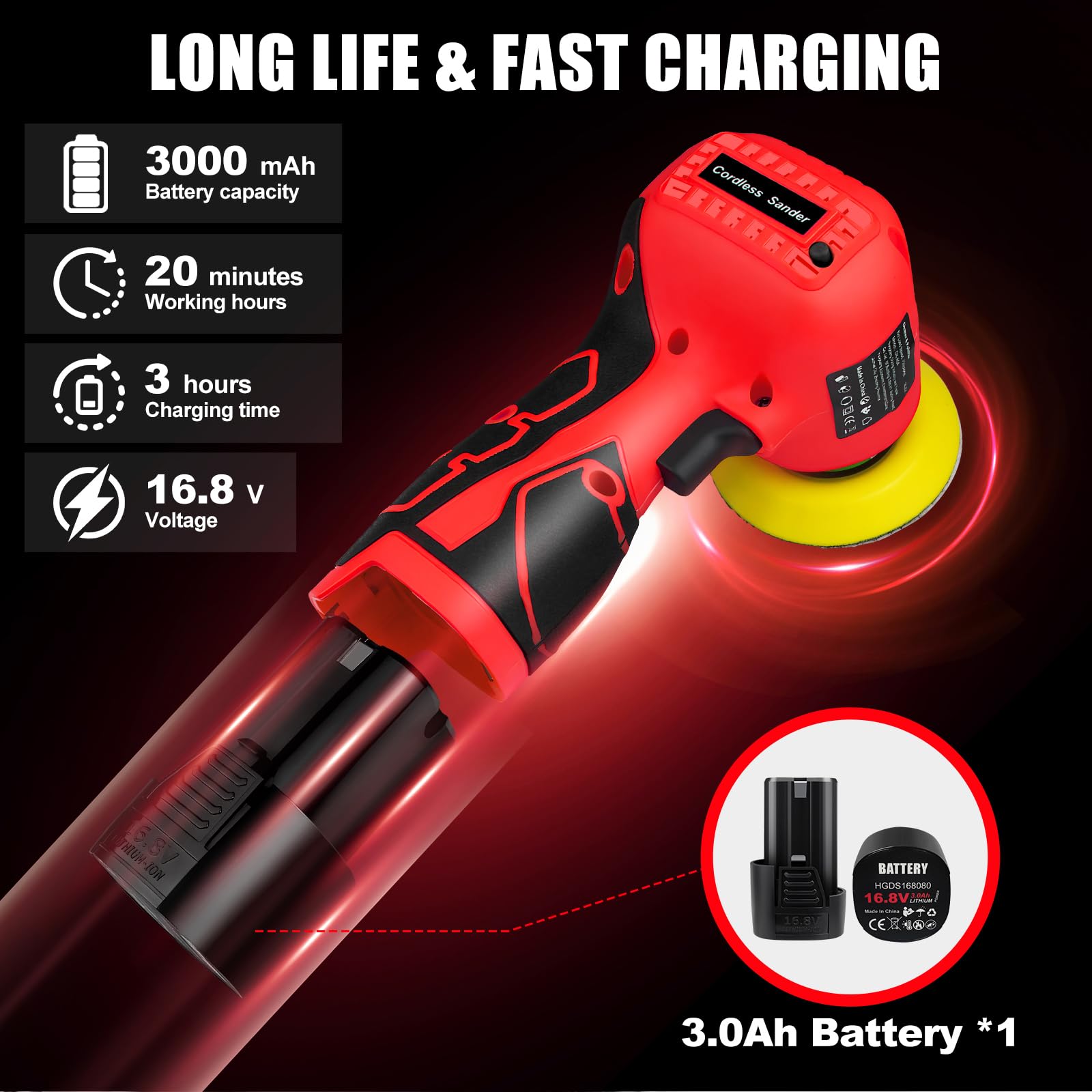 Levigatrice elettrica senza fili da 16,8 V con 36 carte vetrate, 3500 giri/min, batteria da 3,0 Ah, design leggero e compatto per legno, metallo, rimozione della vernice e progetti fai da te