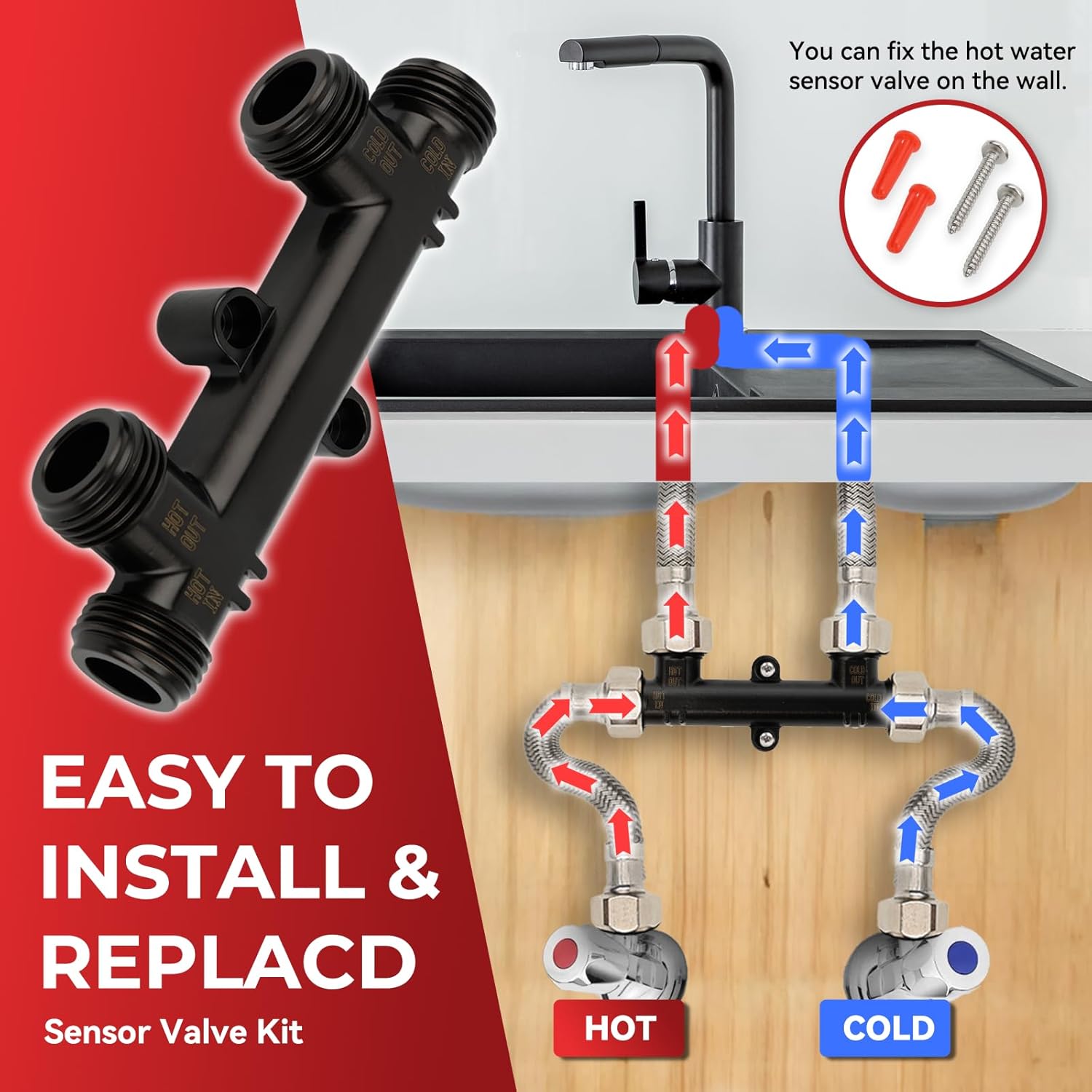 Compatible WP596816(2-Pack) OEM Brass Water Sensor Kit, Includes 4 x 12" Supply Lines, 4 x1/2" FTPto 3/8"MPT Fittings.