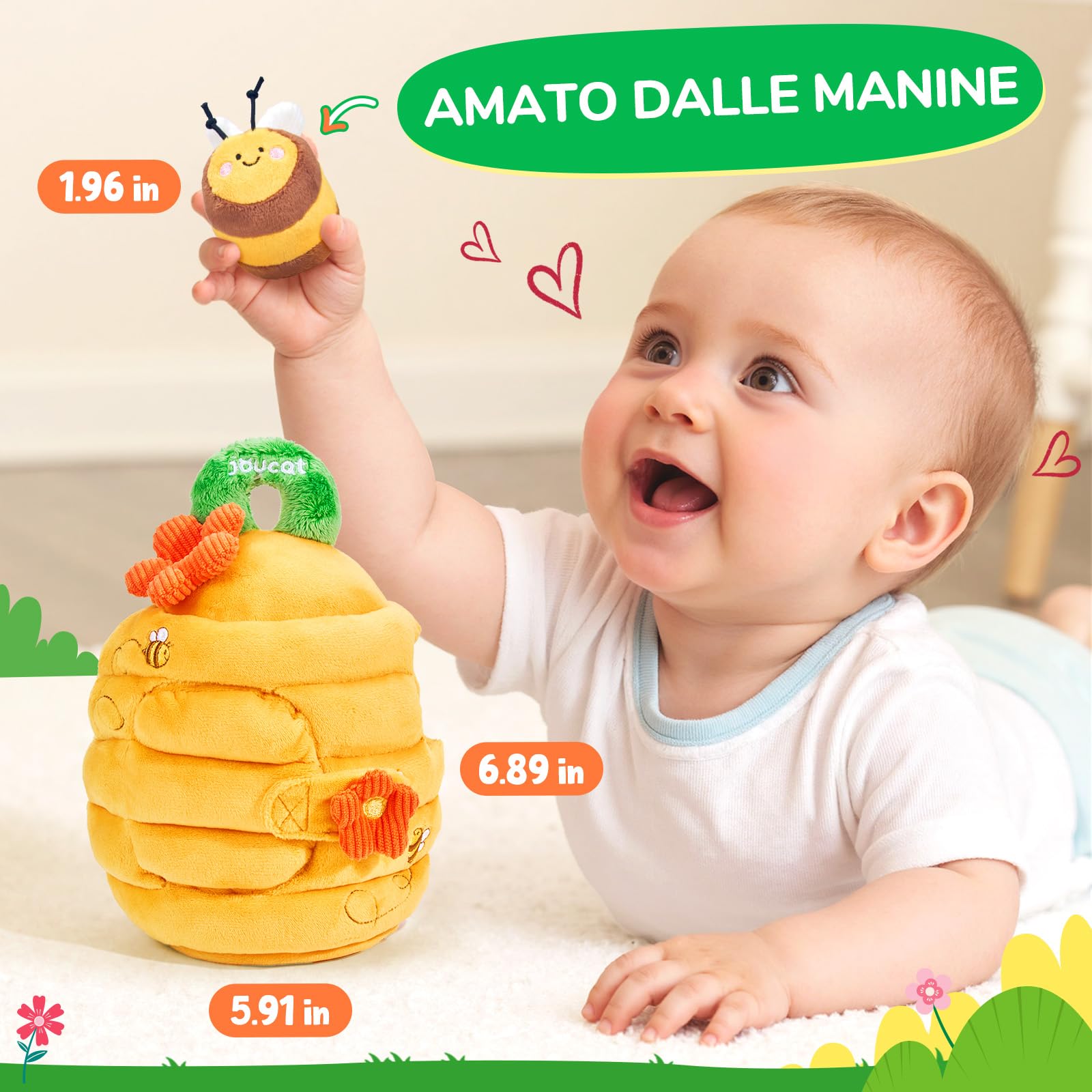 JoyCat Giochi Neonato 6-12 Mesi, Baby Alveare Morbido con 5 Api di Peluche, Sonaglio e Specchio, Giochi Montessori 6 8 9 Mesi, Gioco Bambino Sensoriale Regalo Bimbo Bimba 1 Anno