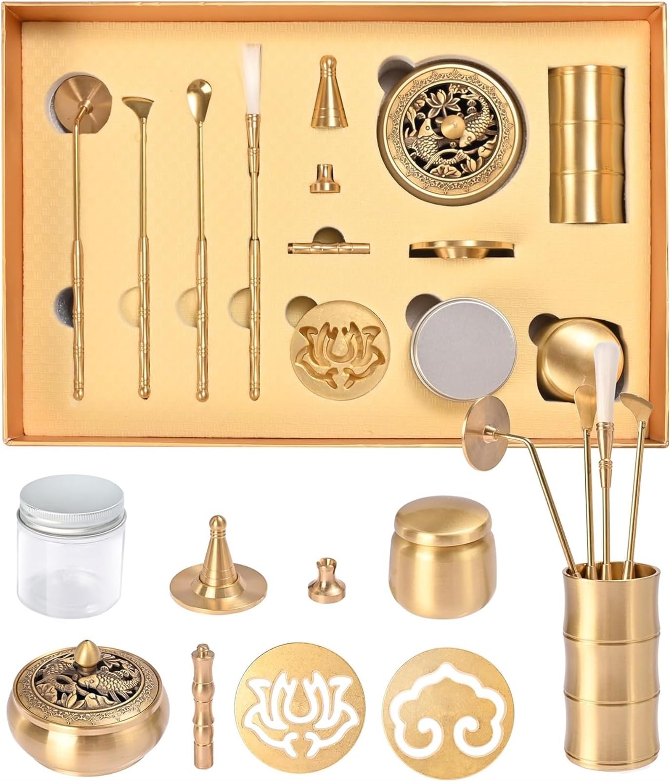 Kit De Quemador De Incienso En Polvo De 15 Piezas, Kit De Fabricación De Incienso De Cobre Puro con Soporte De Incienso, Molde De Cono De Incienso De Latón Y Kit De Quemador De Incienso
