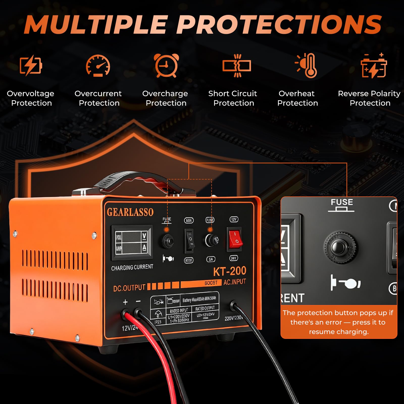 Cargador de batería de coche 12 V/24 V 0-15 A con pantalla LED, protección múltiple y apagado automático, para coche, furgoneta, motocicleta, barco, AGM, gel y baterías de plomo-ácido
