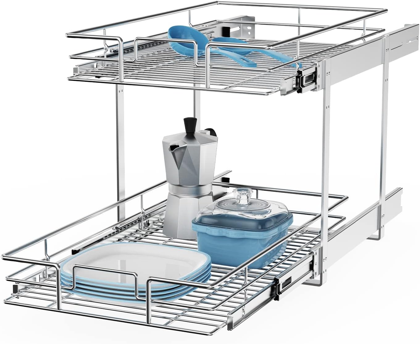 ROOMTEC Individual Pull Out Cabinet Organizer (14″ W x 18″ D), 2 Tier Spice Rack Organizer for Cabinet, Slide Out Drawer Pantry Shelf Organization and Storage for Kitchen Bathroom
