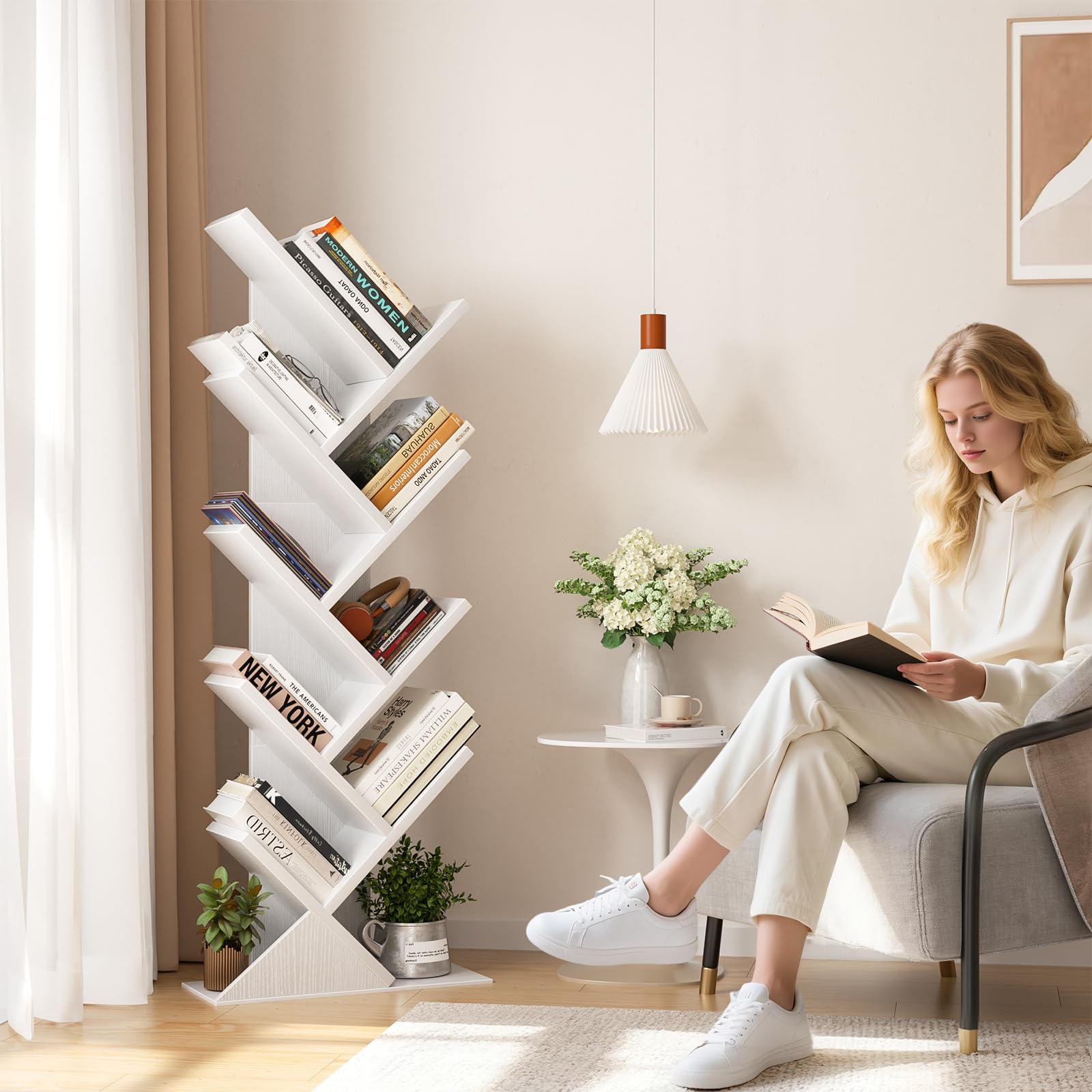 iSunirm Estante de Pie de Árbol,Librería de 9 Niveles,Estante de Libros de Pie para Piso,Estanterías de Almacenamiento de Exhibición para Sala de Estar, Hogar,Oficina,Blanco