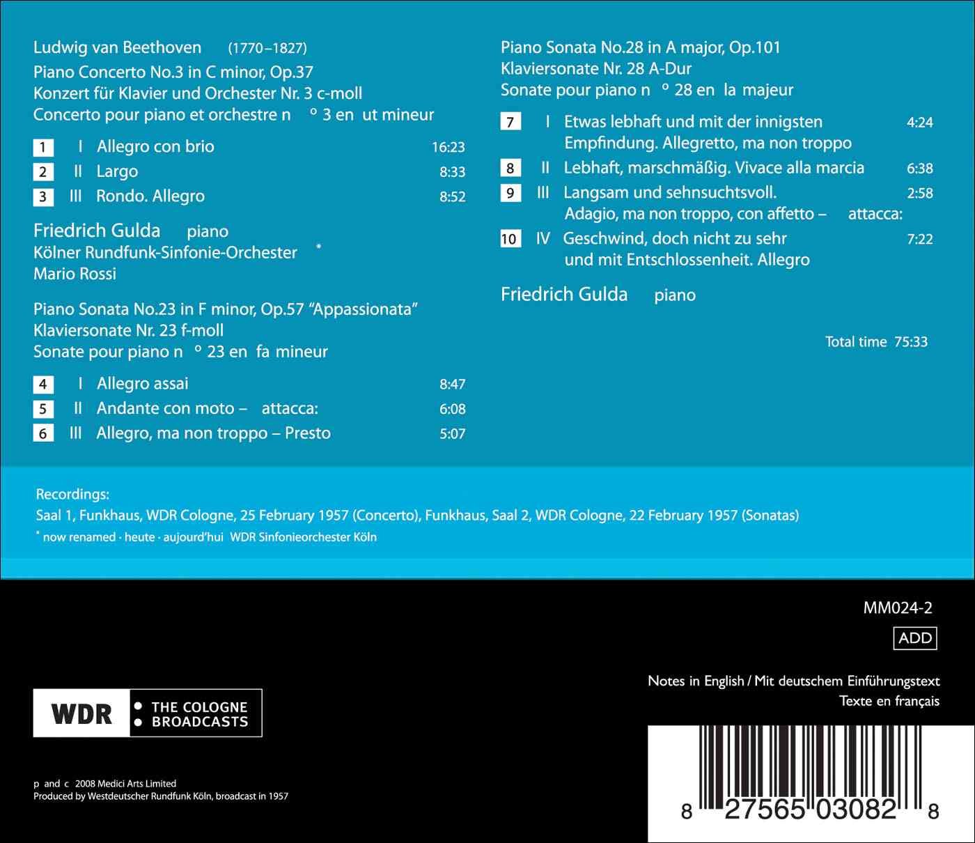FRIEDRICH GULDA BEETHOVEN PIANO CONCERTO 3 SONATA 23 38 1957 Medici CD ALBUM
