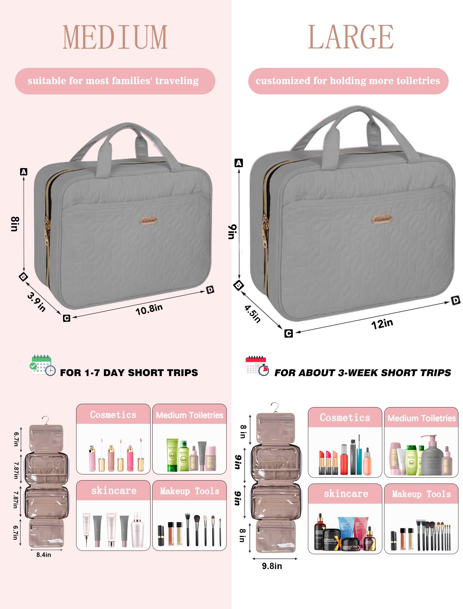 BALHLHG - Neceser de viaje con gancho para colgar, estuche portátil para cosméticos, organizador de viaje de maquillaje impermeable para accesorios, artículos de tocador, artículos esenciales de