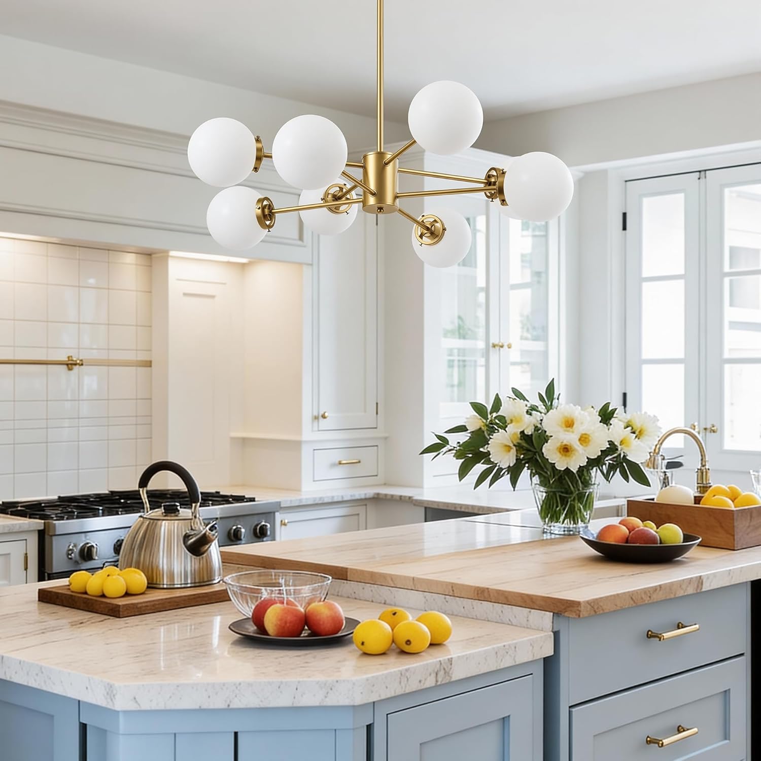 VONLUCE Sputnik Ceiling Light Fixture, 8-Light Modern Sputnik Chandelier with Frosted Glass Shades, ETL Listed Globe Chandelier for Living Room Bedroom Dining Room, Bubble Glass Pendant Light, Gold