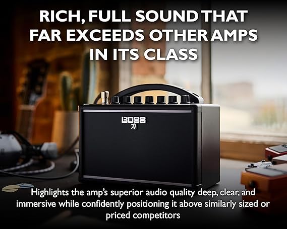Boss Katana Mini Guitar Combo Amplifier Bundle with Gearlux Power Supply, Instrument Cable, Austin Bazaar Exclusive 24-Pack Picks, and Polishing Cloth
