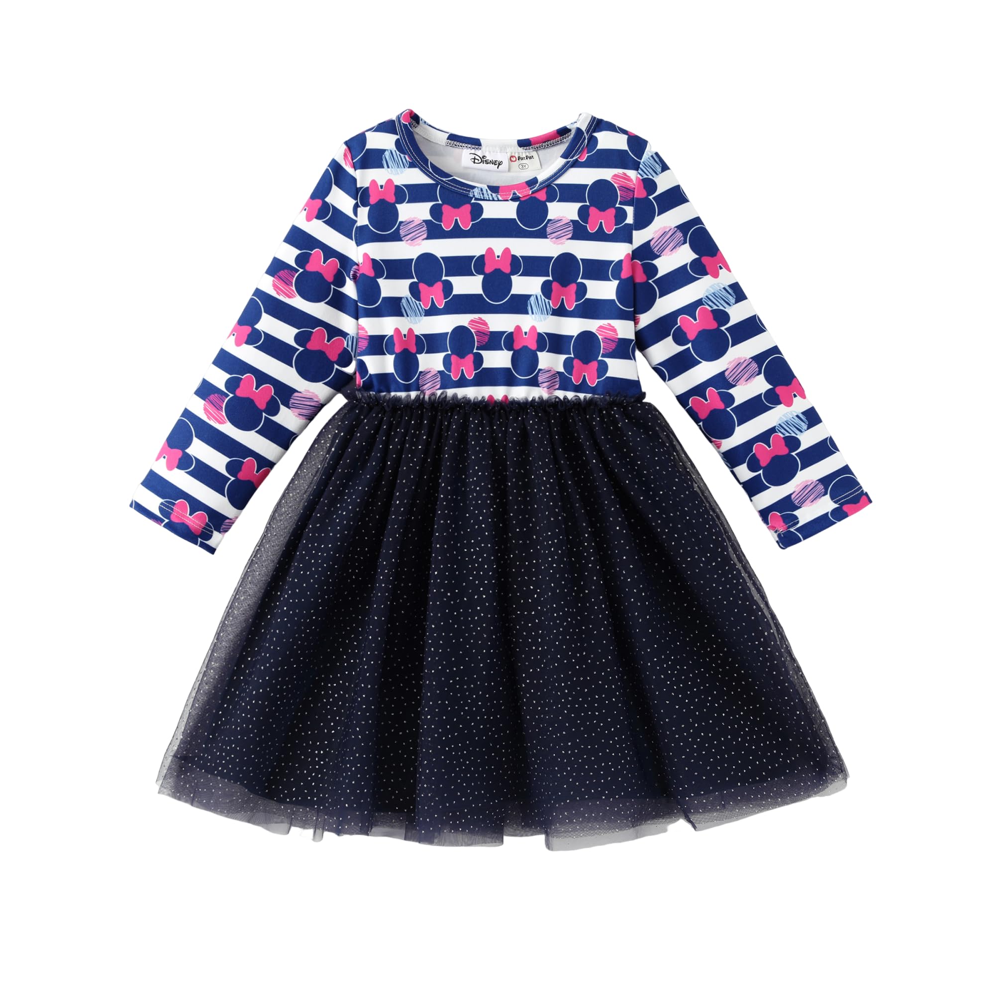 Disney Minnie Mouse Dress Toddler Girls A-Line Long Sleeve Glitter Double-Layered Tulle Winter Fall Clothes Kids Birthday Gift Party Outfit 3-4T