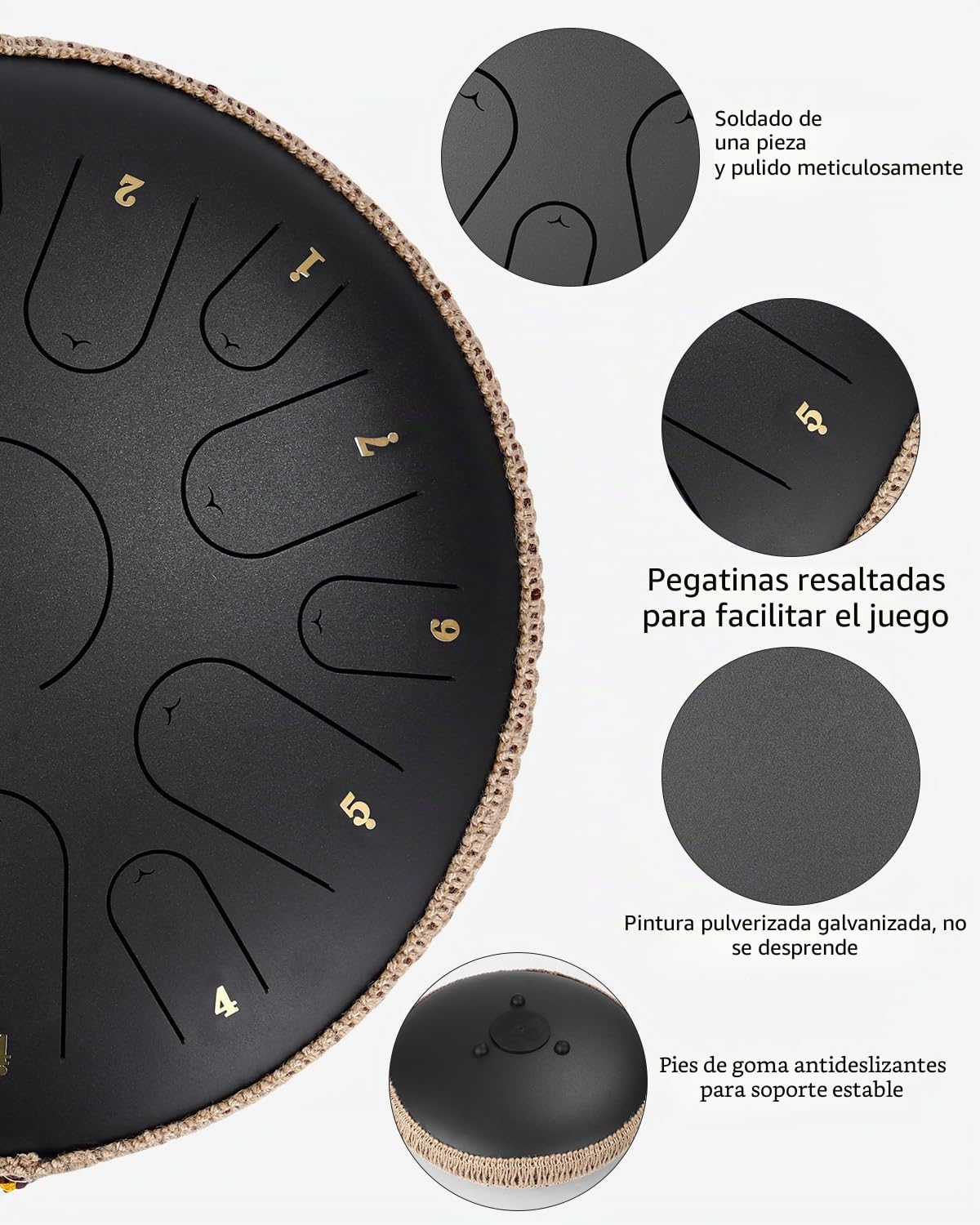 Tambor de Lengua de Acero 14 Pulgadas 15 Notas,Tambor Handpan Instrumento de percusión de Acero Tambor de Mano con Bolsa de Transporte Mazas y Soporte de Mazo para Yoga,Meditación,Alivia el Estrés