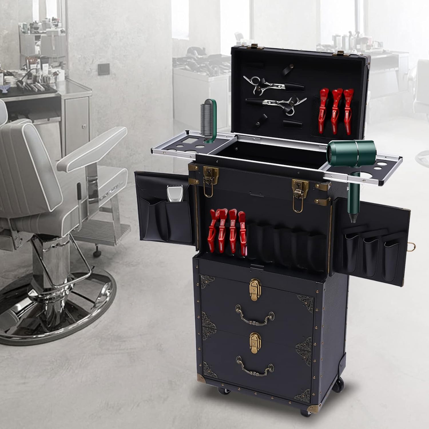 Rolling Lockable Makeup Train Case, Hairdressing Trolley Travel Organizer Tool Box Stylist Beauty Salon Cosmetic Luggage with Hair Dryer Holder for Barber Stores Hairdressing Colleges Homes