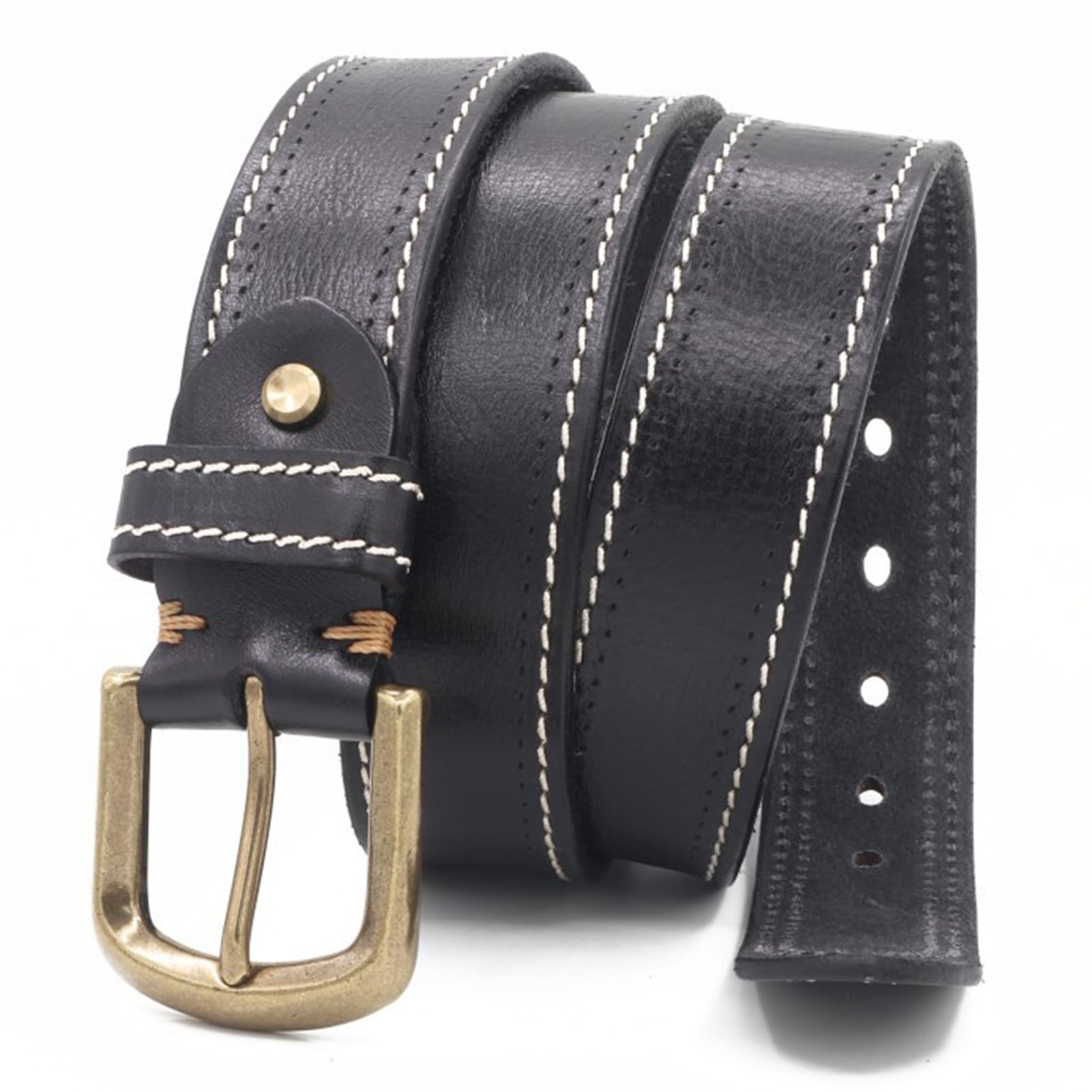 Gürtel Gesteppter Ledergürtel Vollleder Jeansgürtel Damen Herren Rindleder Handgemacht echtes Leder für Jeans Hosen Kleider Mode Goldschnalle(130cm/51, Black)