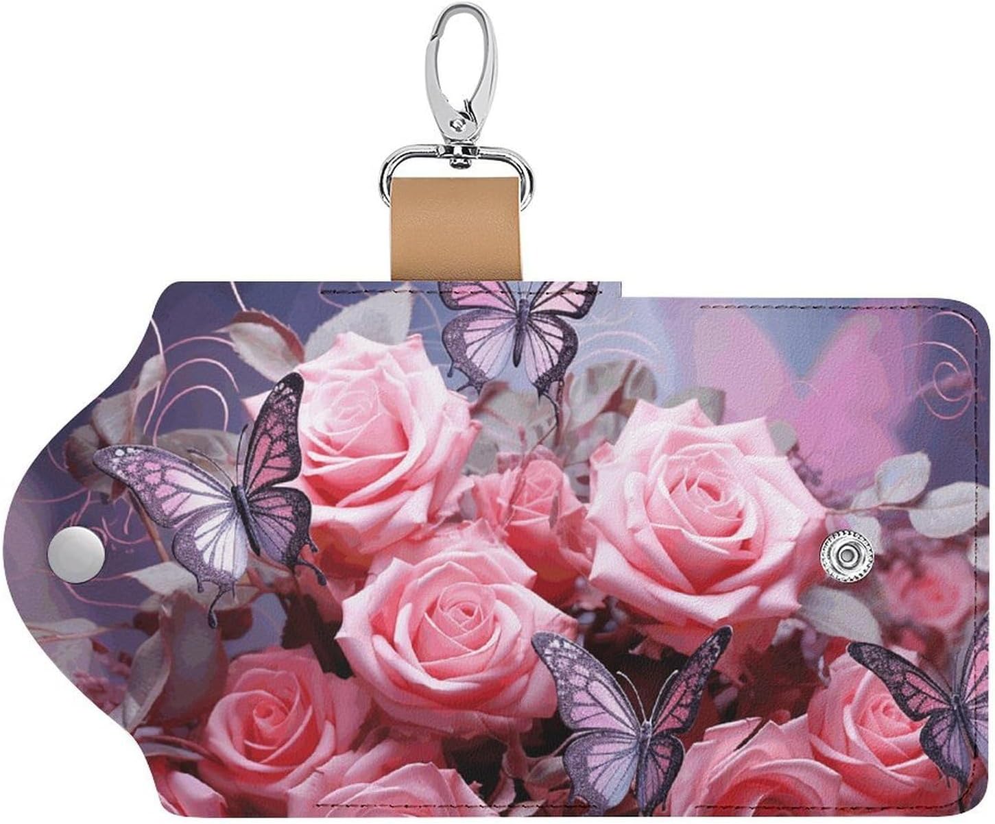Pink Roses And Butterflies Key Case Leather Car Key Holder Bag Portable Small Coin Purse Unisex Pouch Keychain