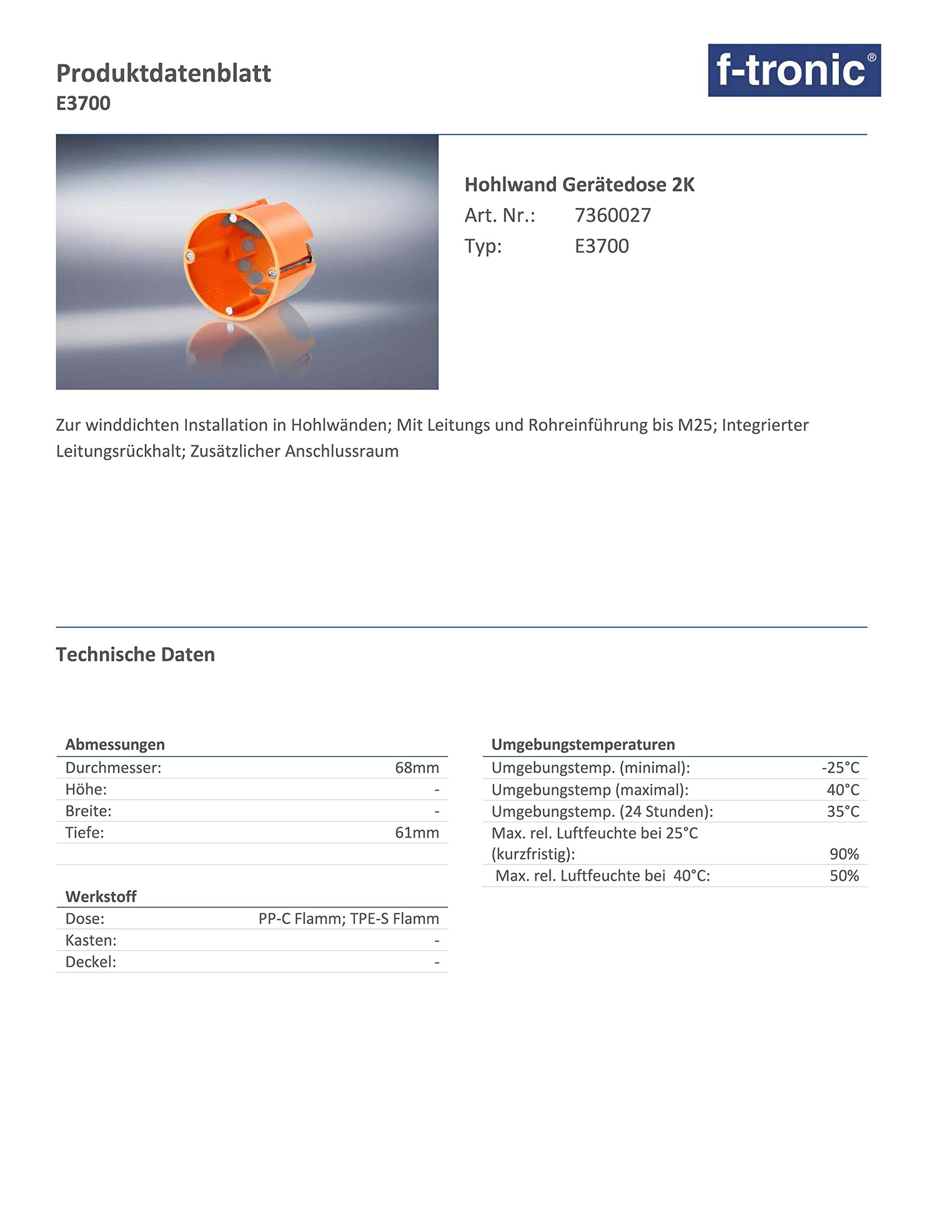 F-Tronic Geräte-Verbindungsdose E3700, 61x68mm - 30 Stück
