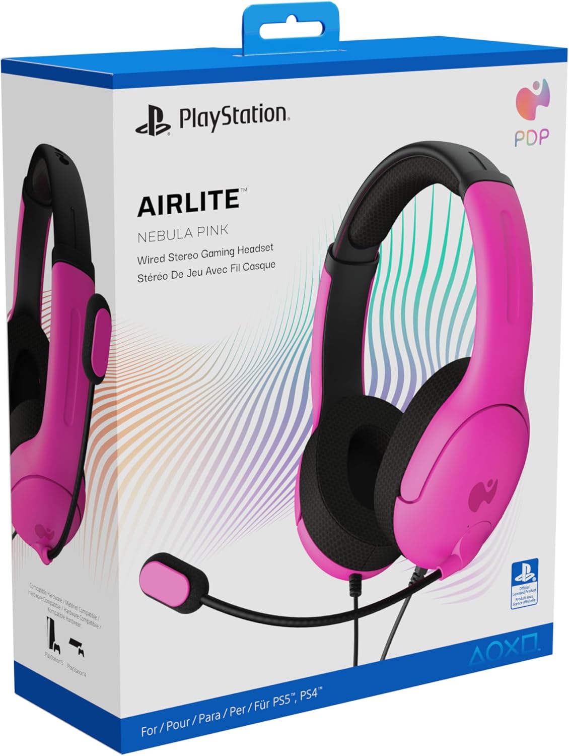 PDP AIRLITE Wired Stereo Gaming Headset, Officially Licensed Sony PlayStation 5, PS5/PS4/PS3/PC, Lightweight Durable Headphones, 3.5mm Audio Jack, Noise-canceling Flip-to-Mute Mic, Nebula Pink
