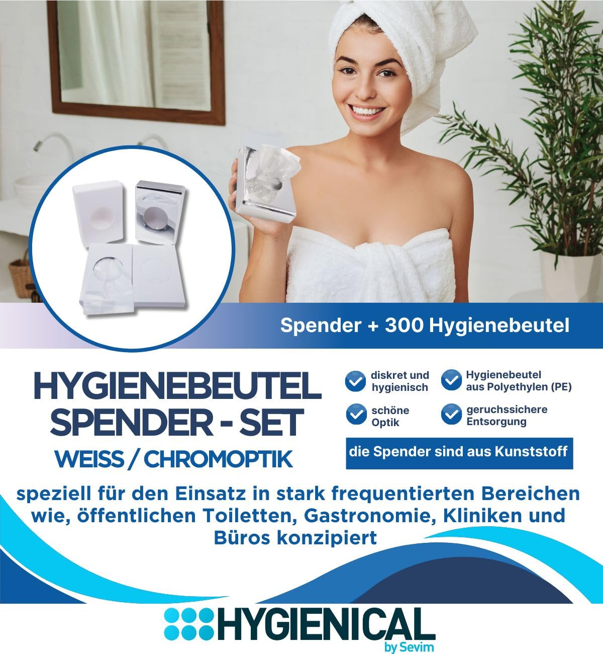 PE-Hygienebeutel Set mit Kunststoffspender, Hygienebeutelspender für Damenbinden und Tampons, hygienisch und diskret, in Weiß und Chrom (Weiß)