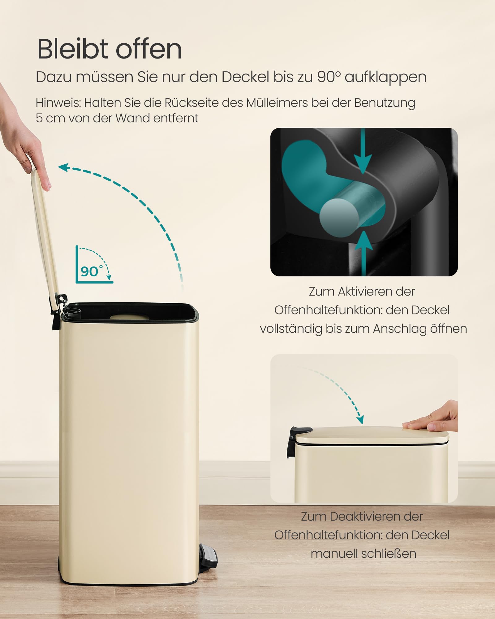 SONGMICS Mülleimer Küche 30 Liter Tretmülleimer Stahl Softclose Offenhaltefunktion sandbeige LTB593A02