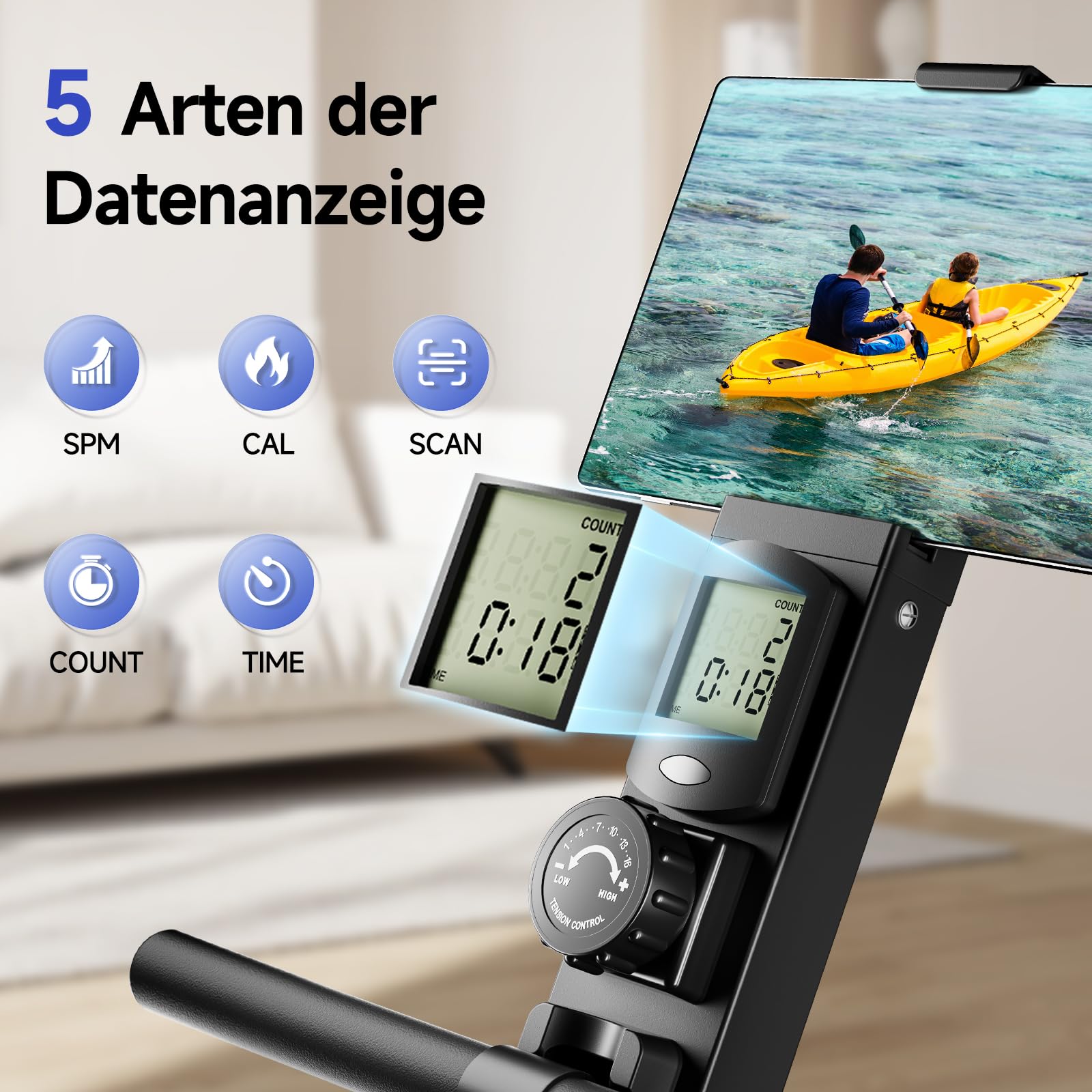 YPOO Rudergerät für Zuhause, Leises magnetisches Rudergerät, mit 16 Widerstandsstufen und doppelter Gleitschiene – Belastbarkeit bis 150 kg, mit LCD-Display, gepolstertem Sitz und App-Unterstützung